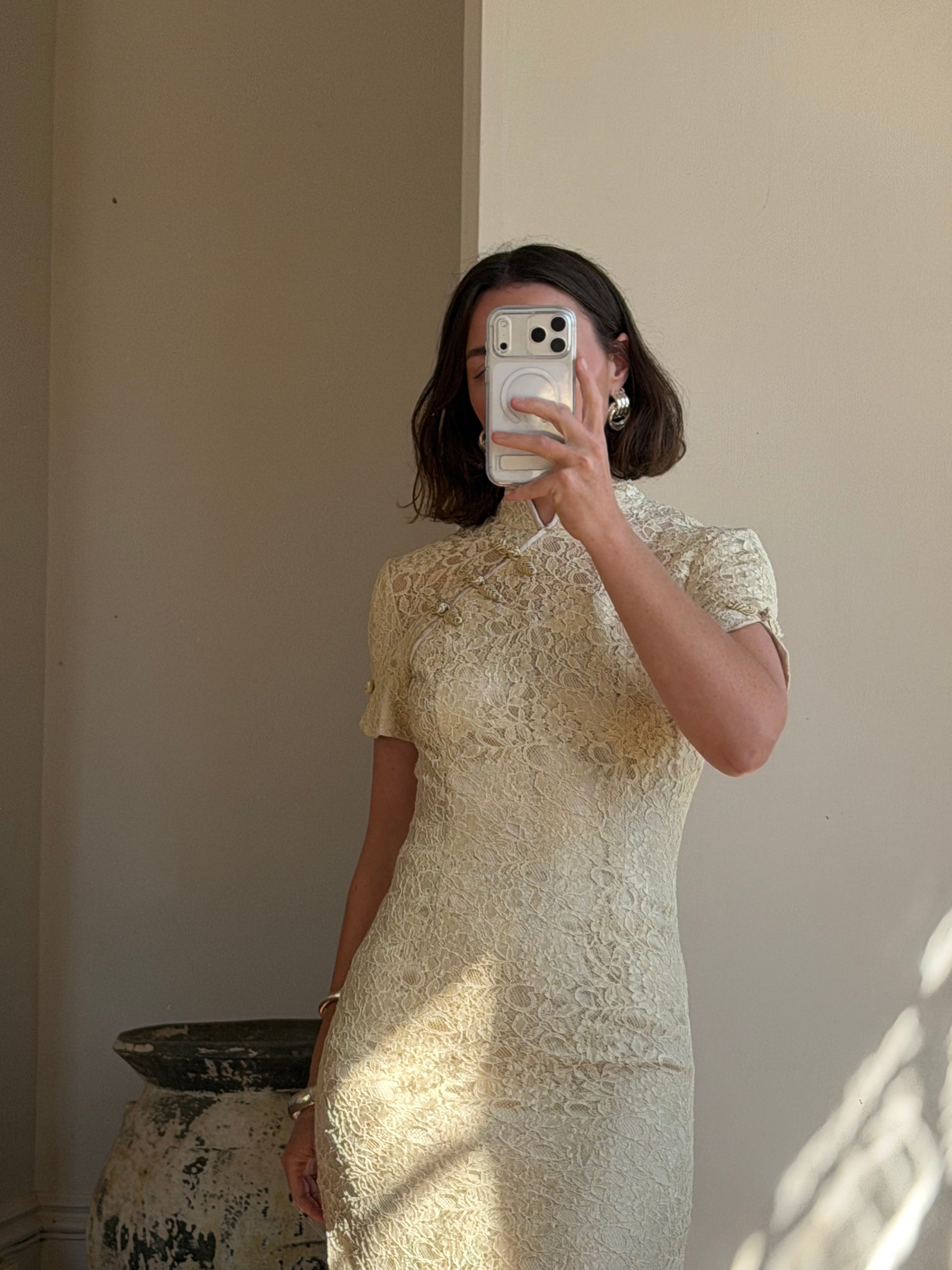 Vintage 90s Mandarin Collar Guipure Lace Midi Dress