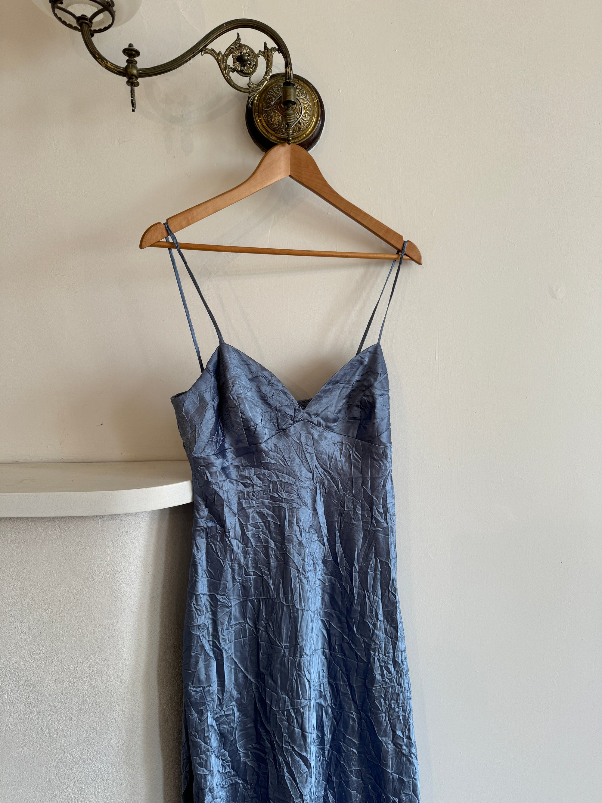 Vintage 90s Blue Crinkle Bias Slip Dress