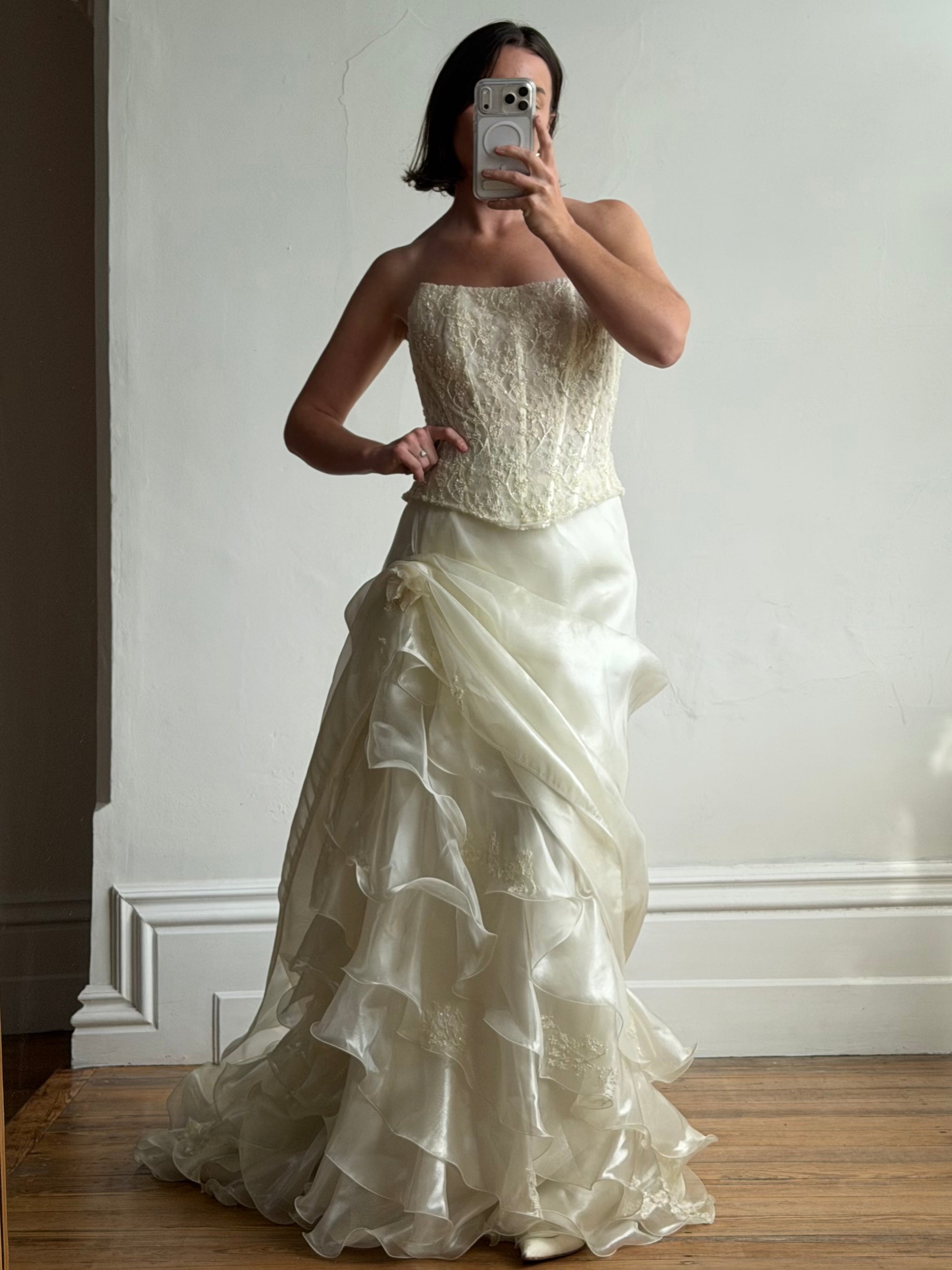 Vintage 90s Italian Sequin Bustier and Ruffle Skirt Bridal Set