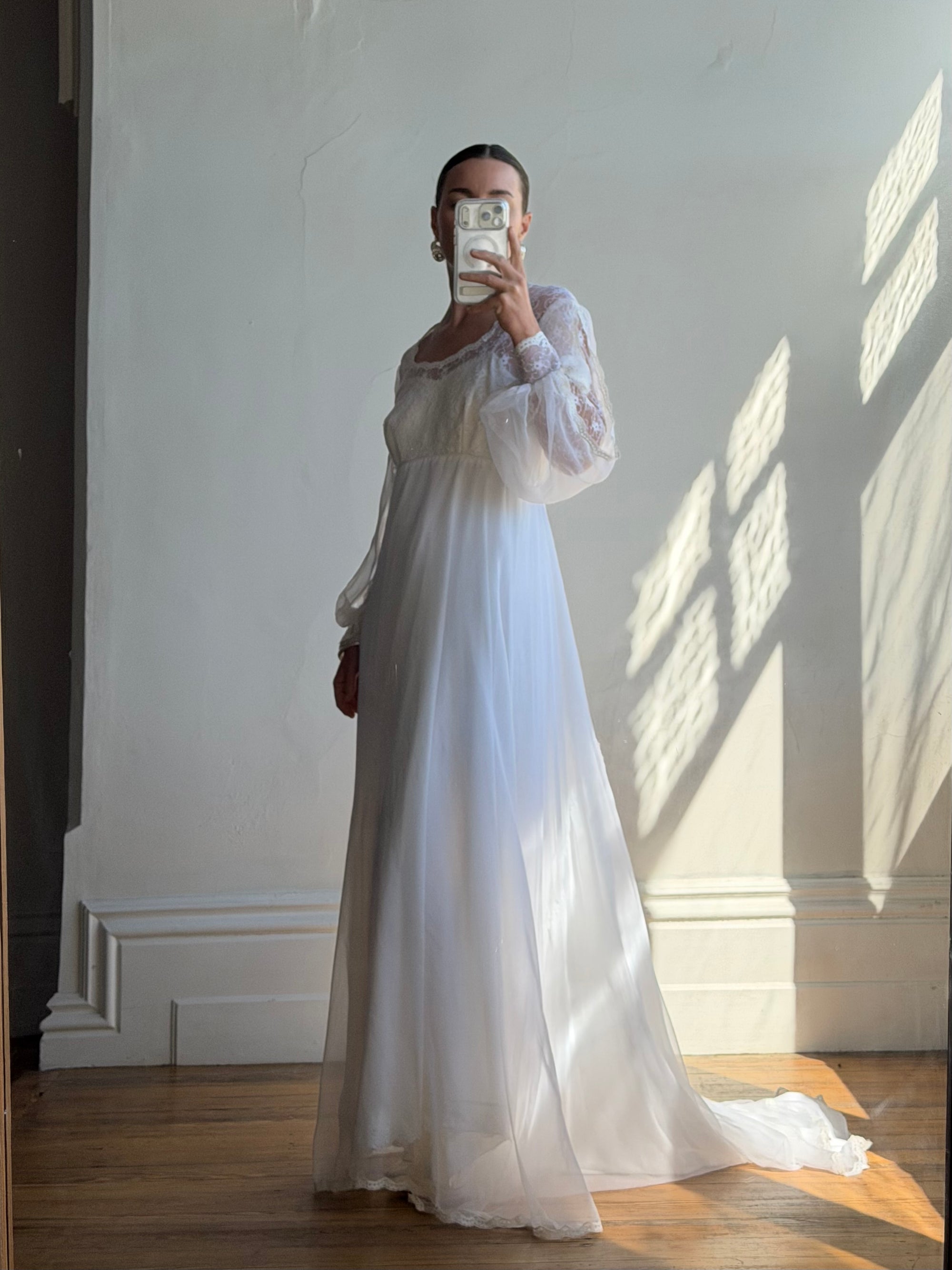 Vintage 60s Poet Sleeve Chiffon Wedding Gown