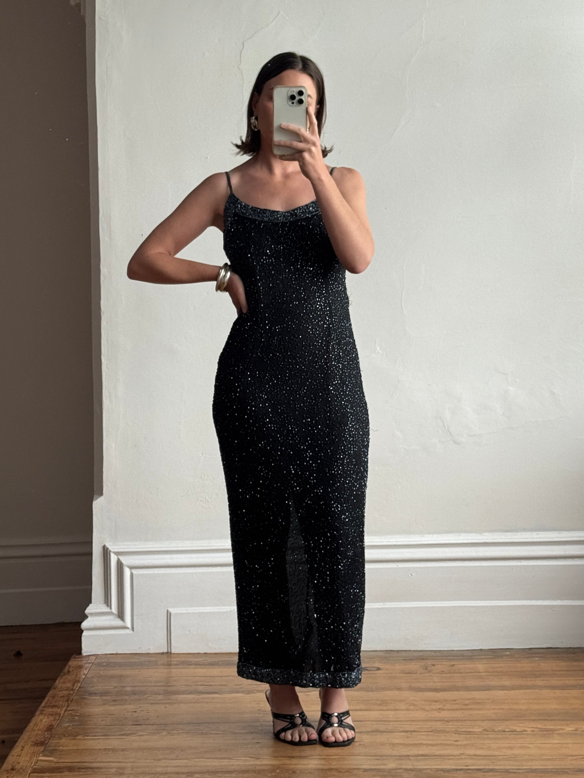 Vintage 90s Pure Silk Sparkle Dress Noir