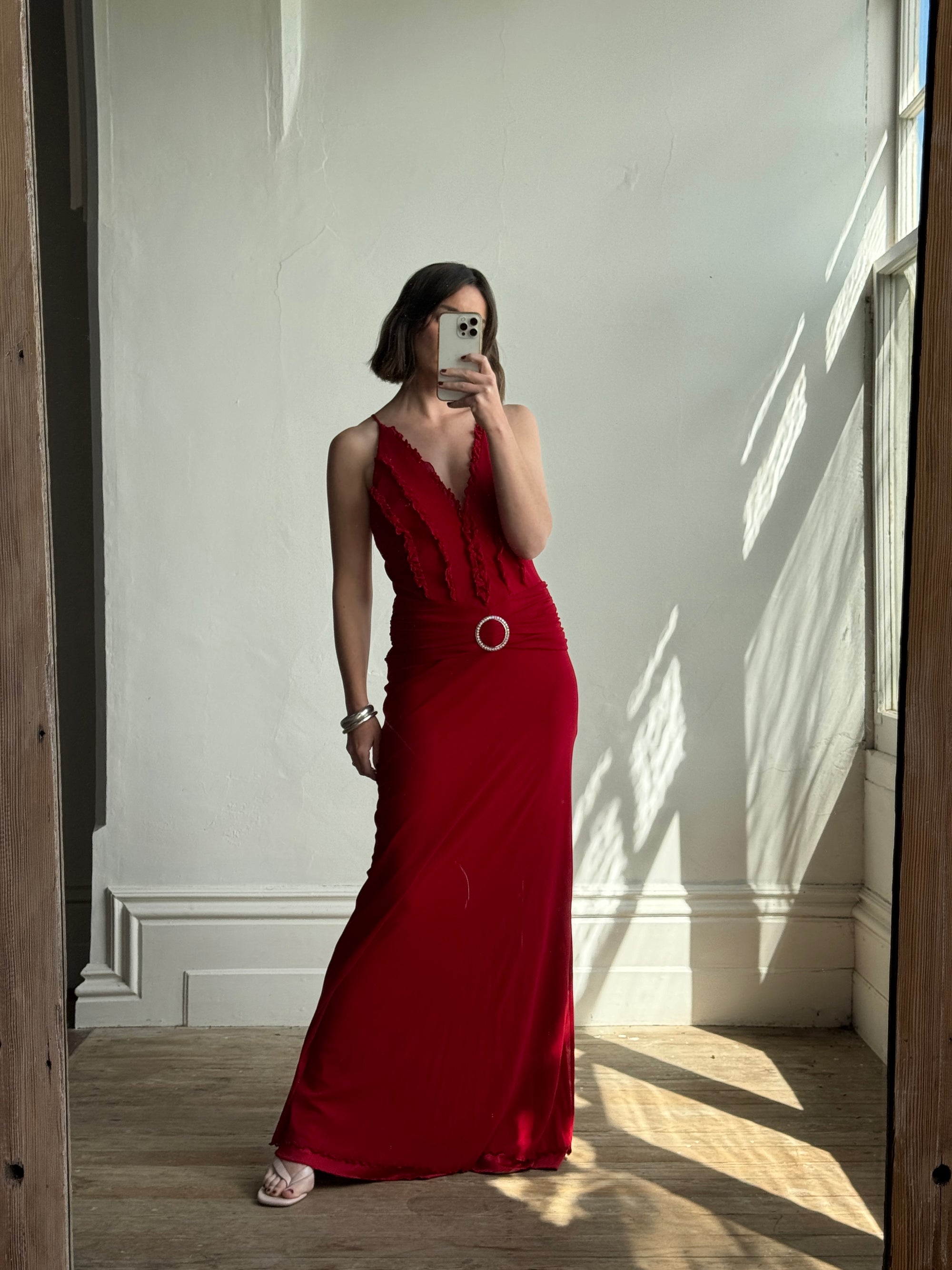 Vintage 90s Flame Red Ruffle Evening Dress with Rhinestone Belt