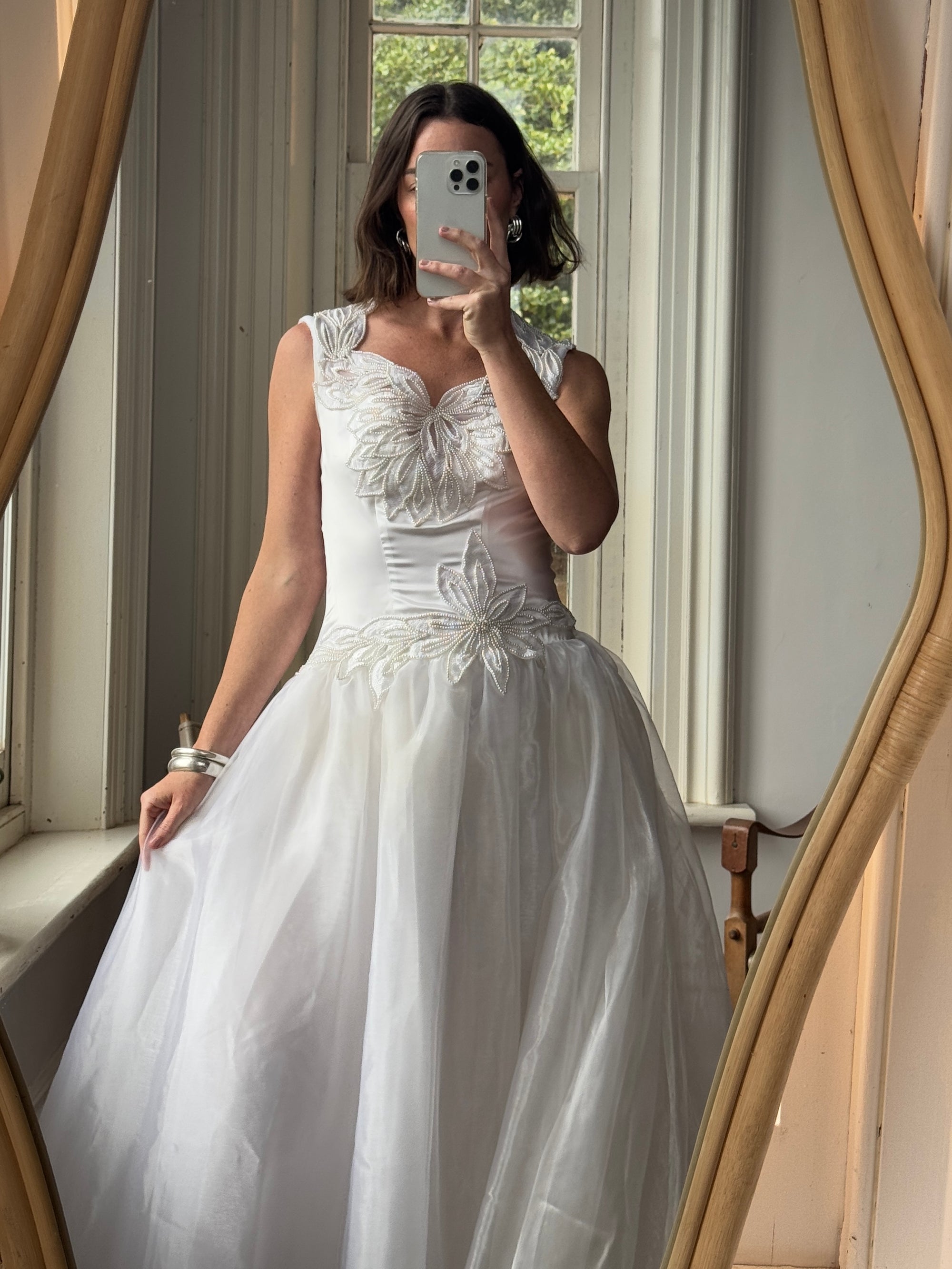 Vintage 80s Pearl Embellished Chiffon Princess Wedding Dress
