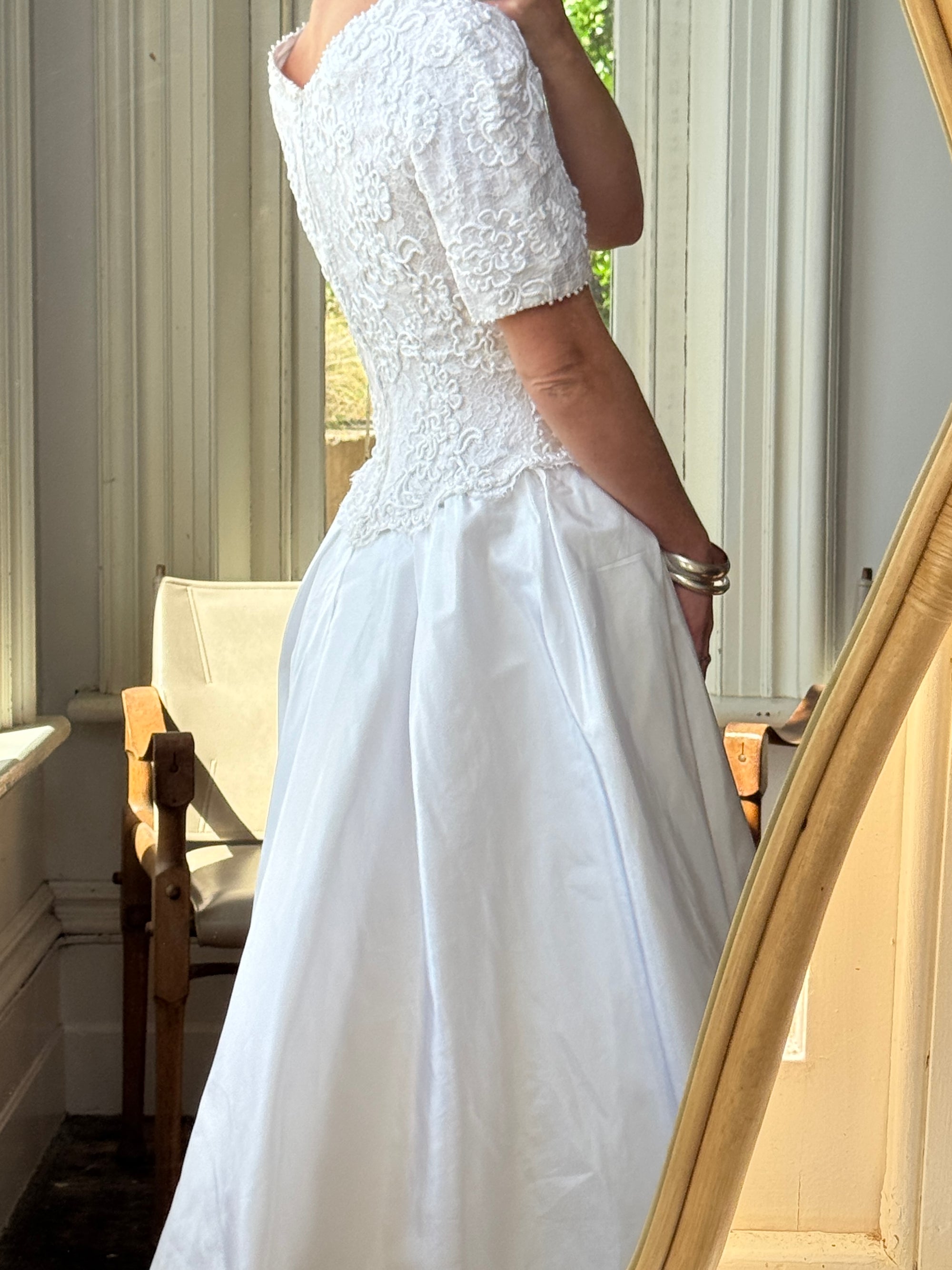 Vintage 80s Rope Embroidered Taffeta Wedding Gown