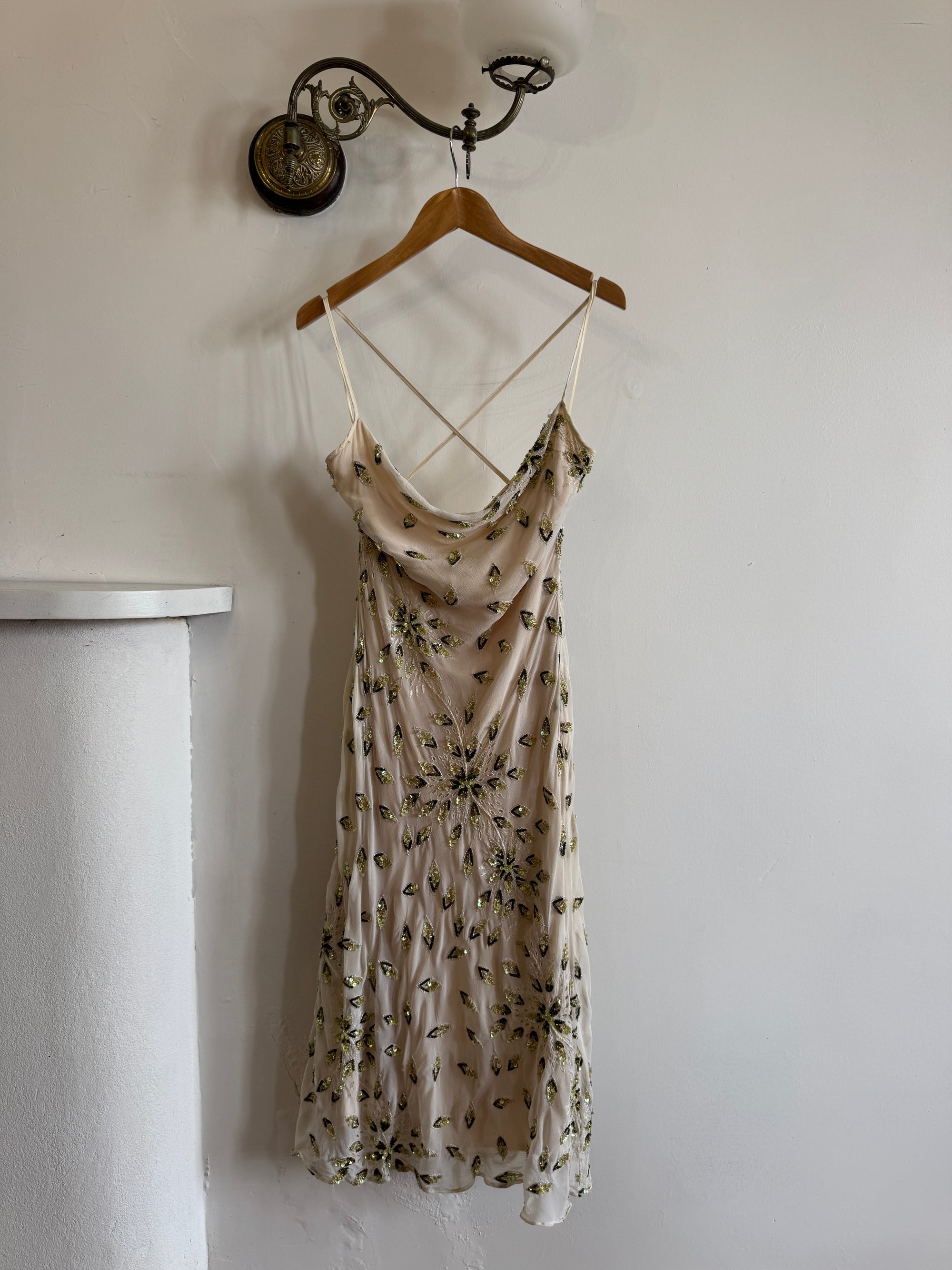 Vintage 90s Pure Silk Sequin Leaf Cowl Neck Dress