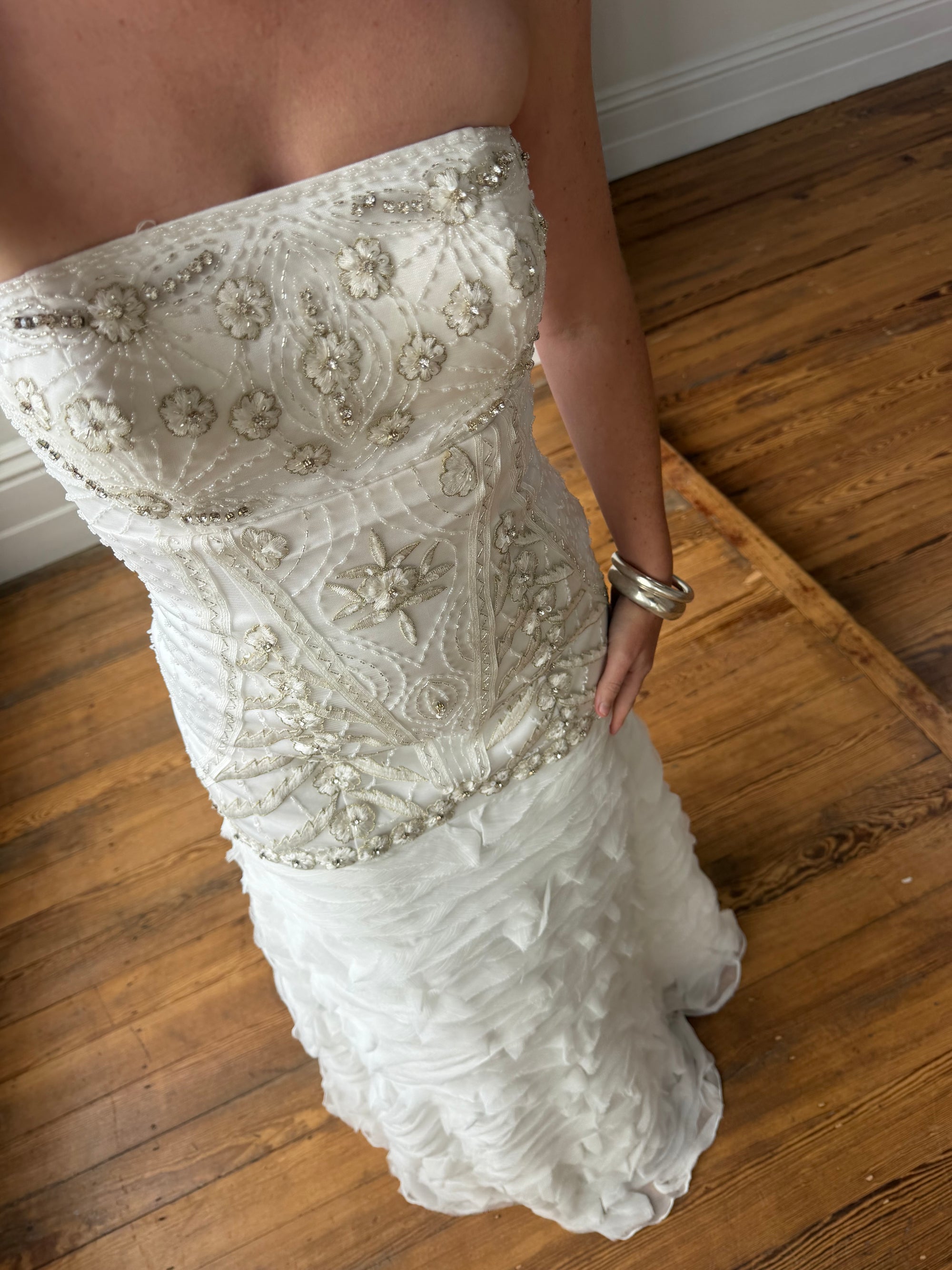 Vintage 90s Strapless Embellished Ruffled Wedding Gown