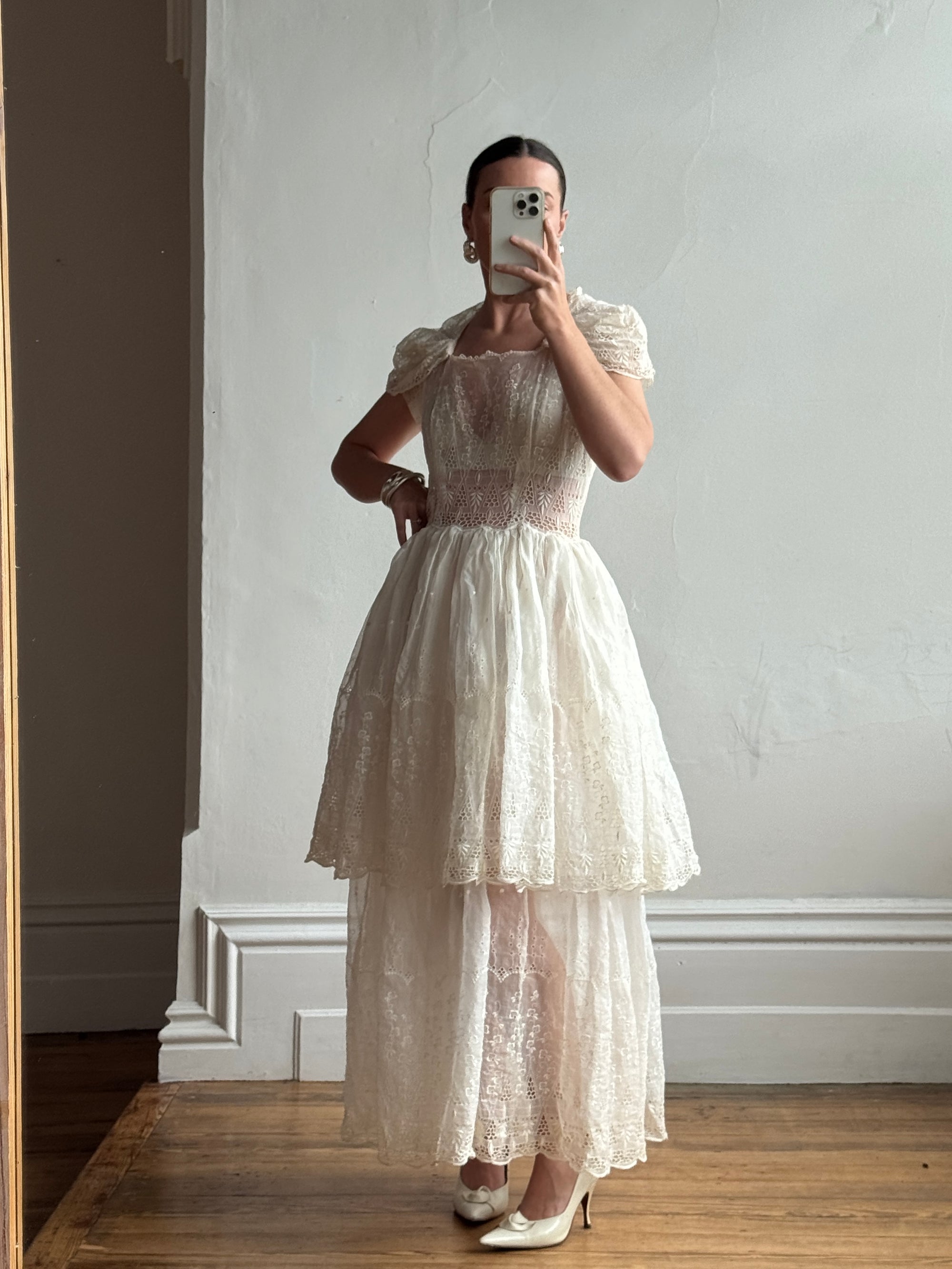 Vintage 50s Sheer Brodiere Anglaise Tiered Wedding Dress