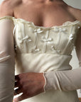 Vintage 90s Pure Silk Chiffon Empire Bow Off Shoulder Wedding Dress