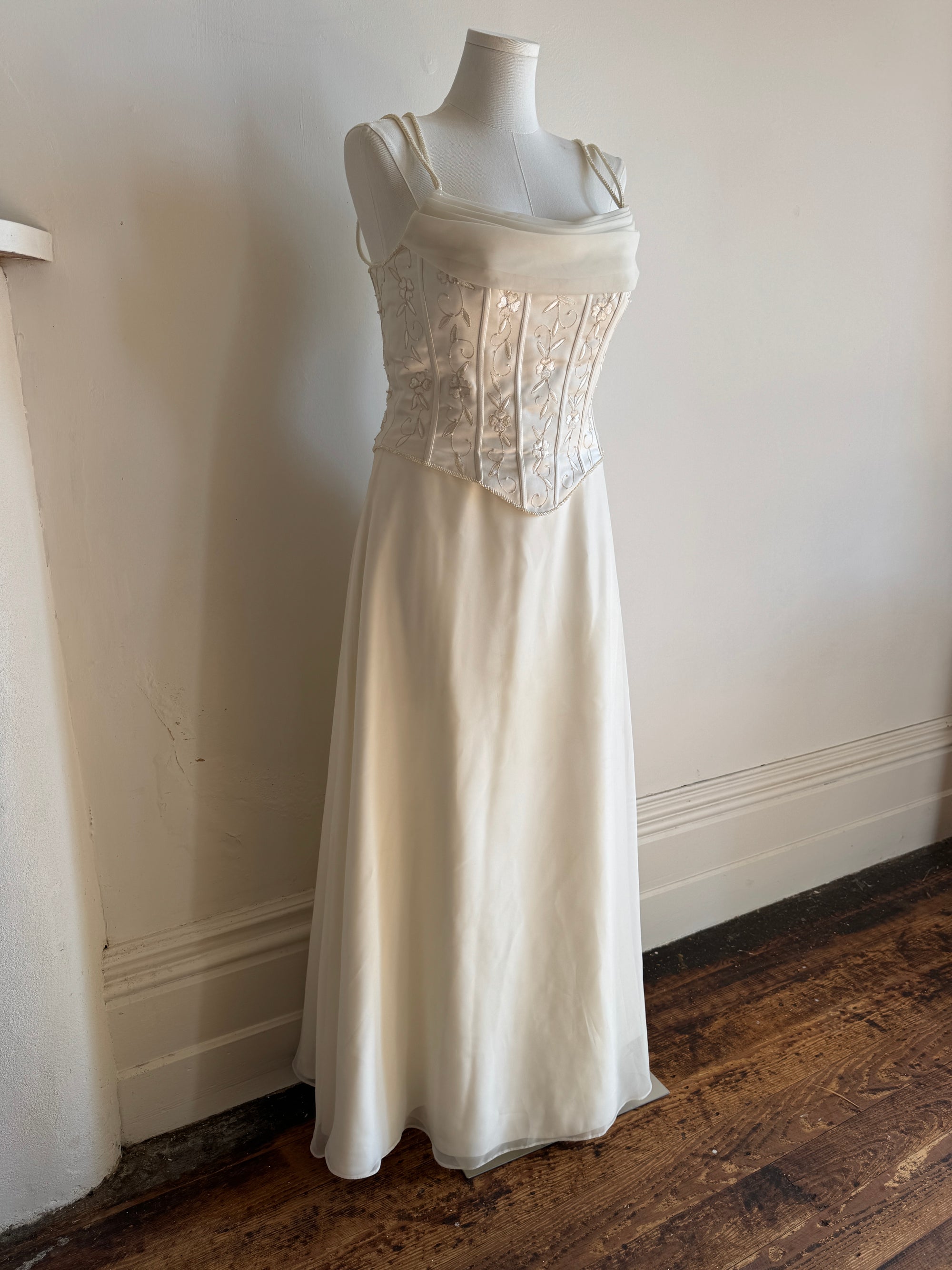 Vintage 90s Chiffon Jacquard Corset Embellishment Wedding Gown