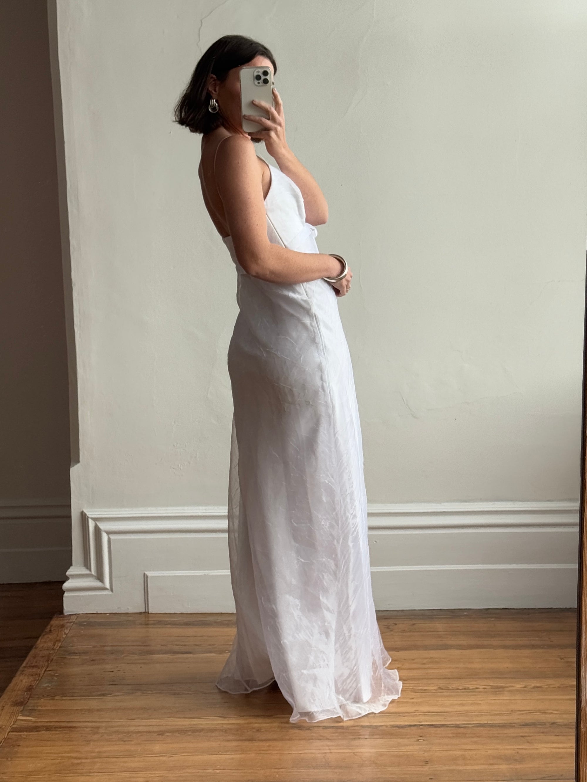 Vintage 90s Crinkle Organza Slip Wedding Dress with Bow White