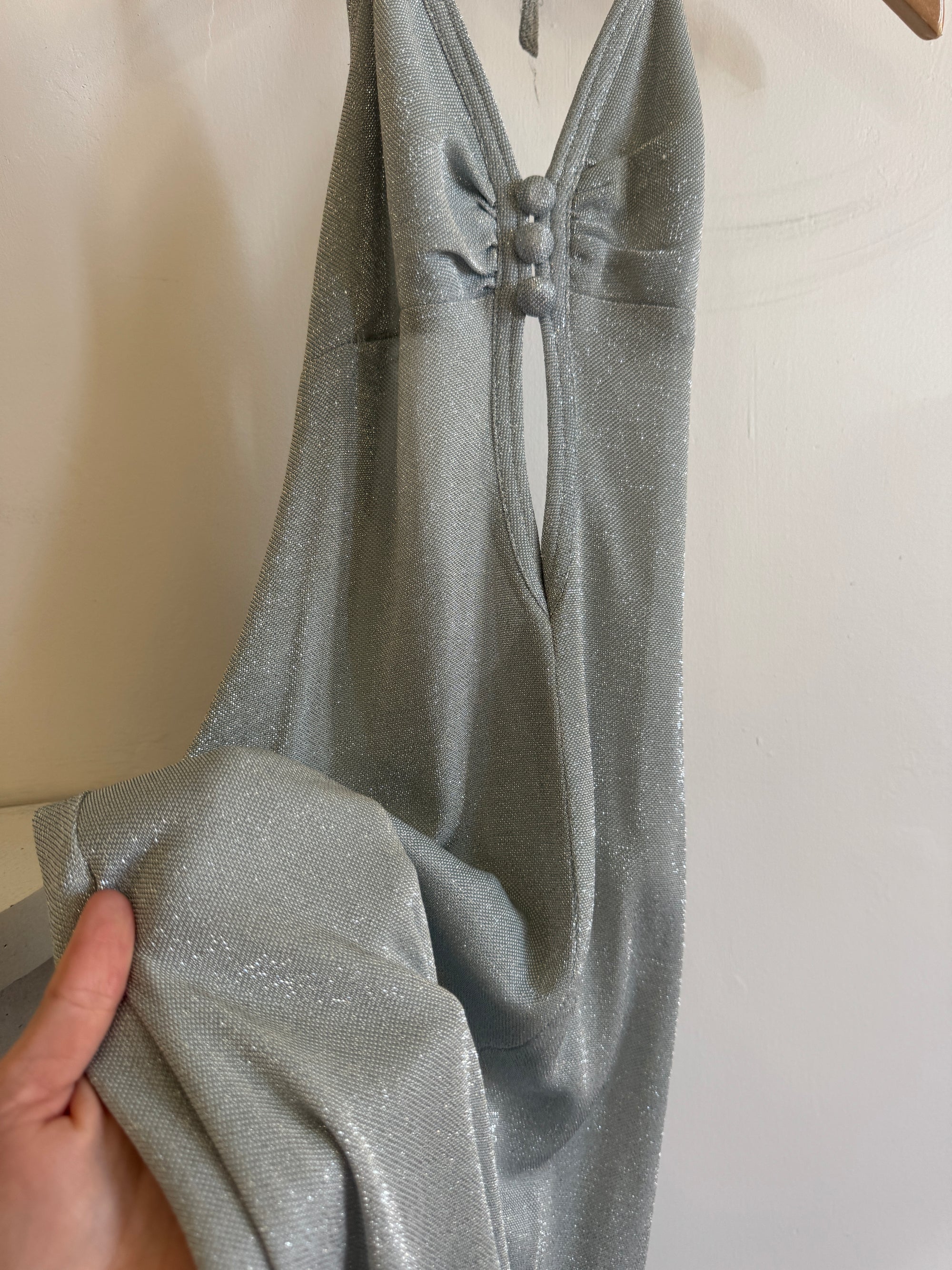 Vintage 70s Lurex Ice Blue Halter Maxi Dress