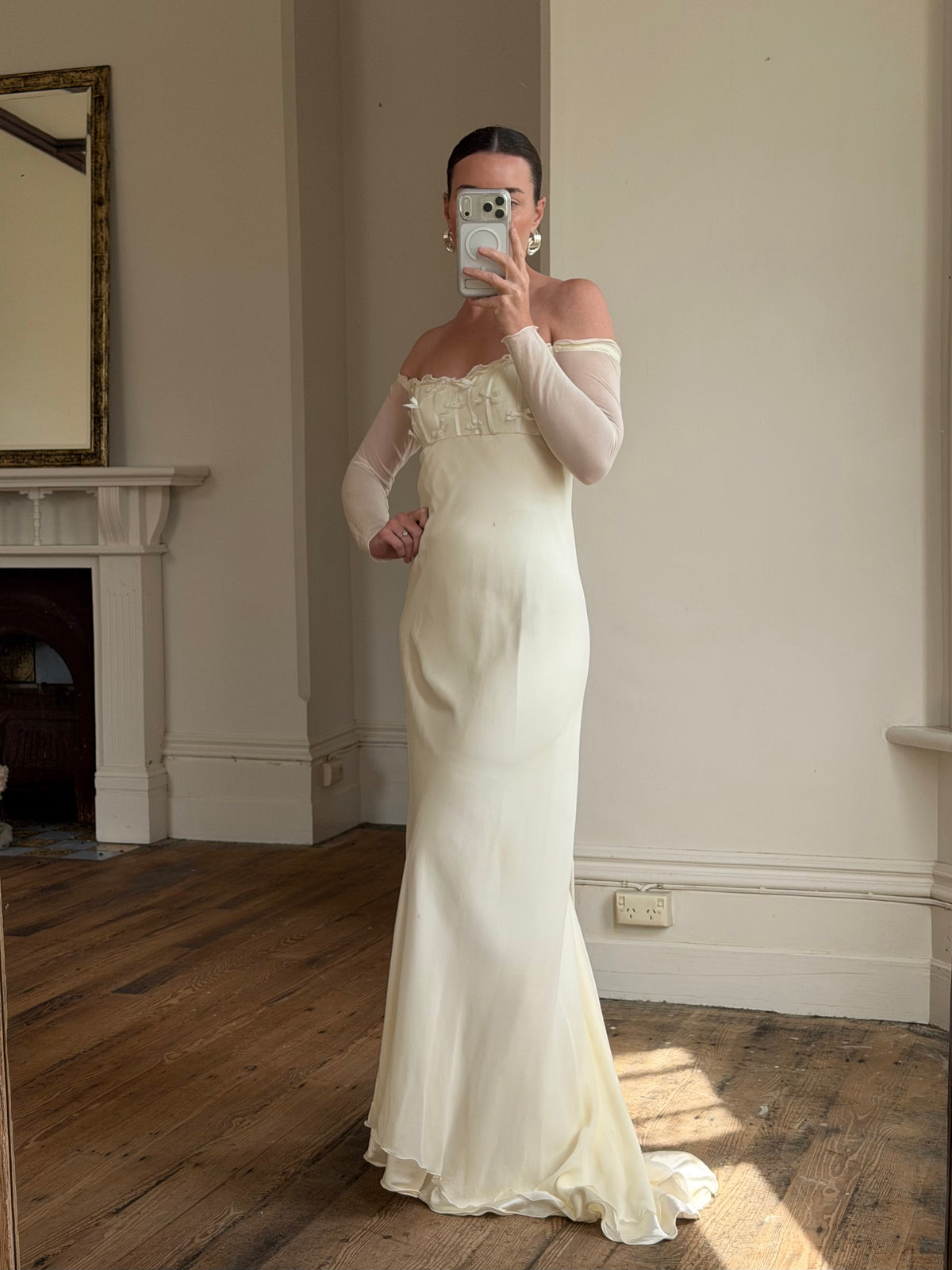 Vintage 90s Pure Silk Chiffon Empire Bow Off Shoulder Wedding Dress