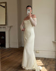 Vintage 90s Pure Silk Chiffon Empire Bow Off Shoulder Wedding Dress