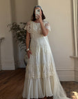 Vintage 70s Creme Tiered Lace Wedding Dress with Pleats