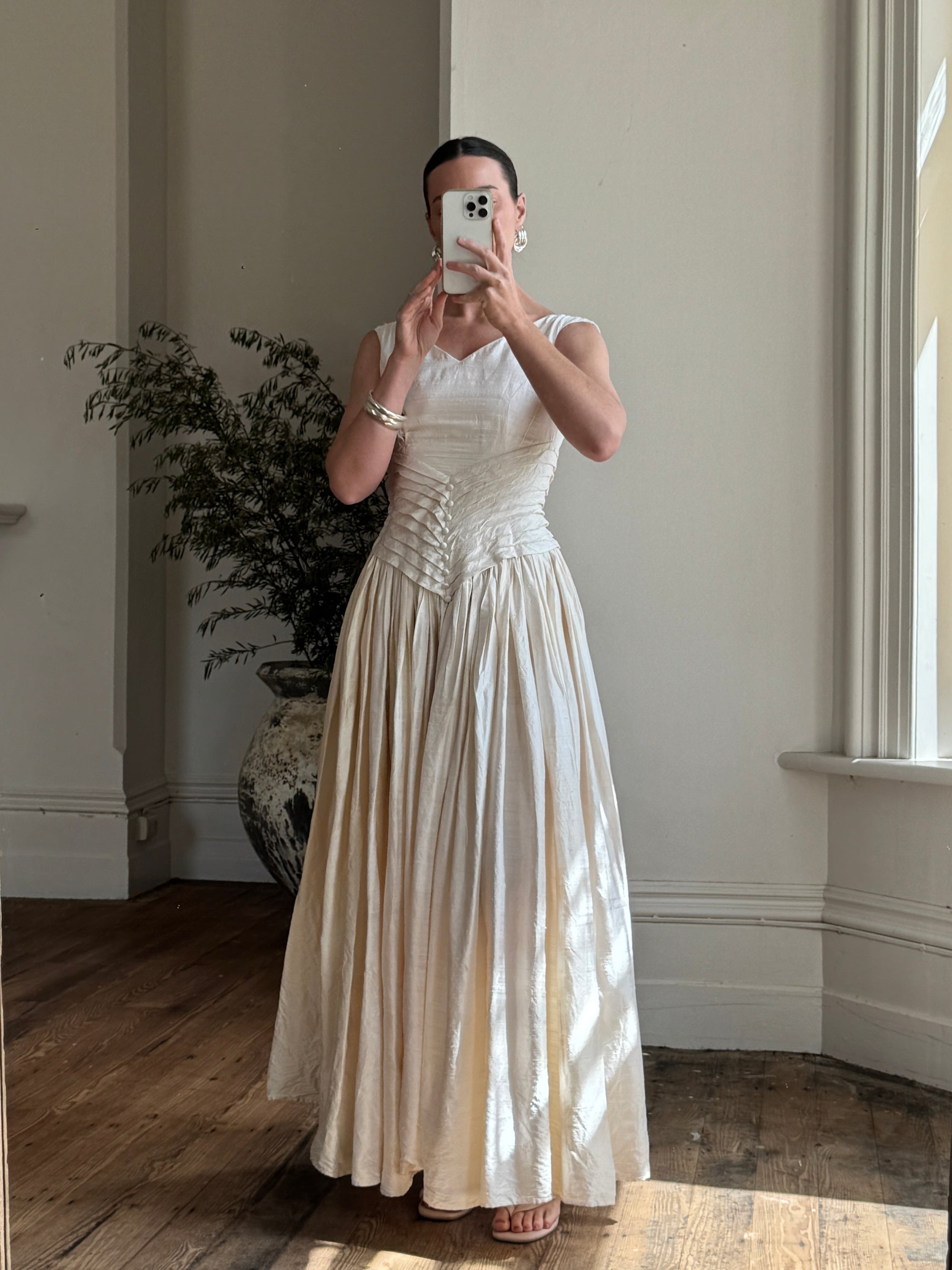 Vintage 90s Pure Silk Pleated Waist Wedding Dress