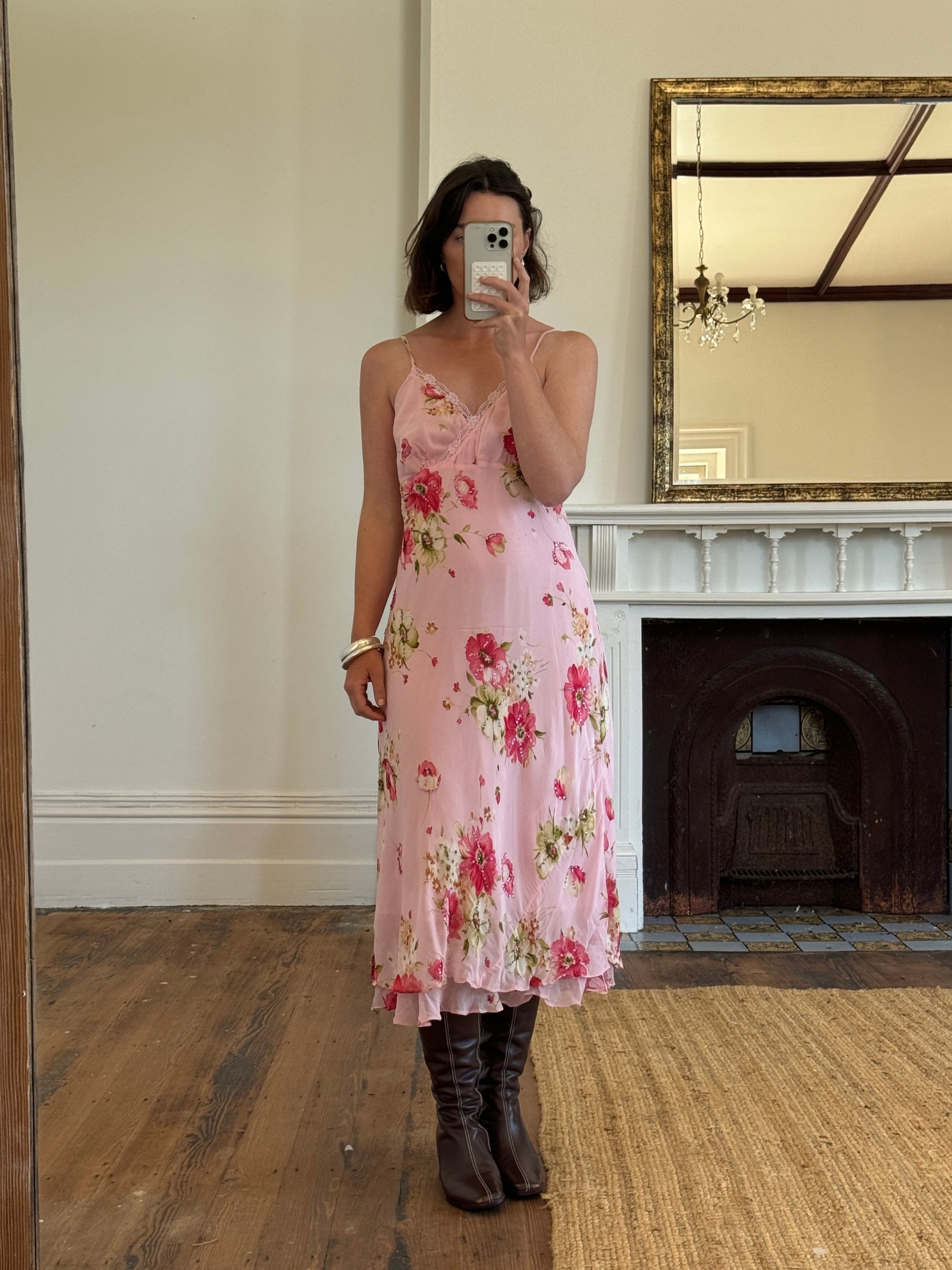 Vintage Y2K Floral Embellished Slip Dress Baby Pink