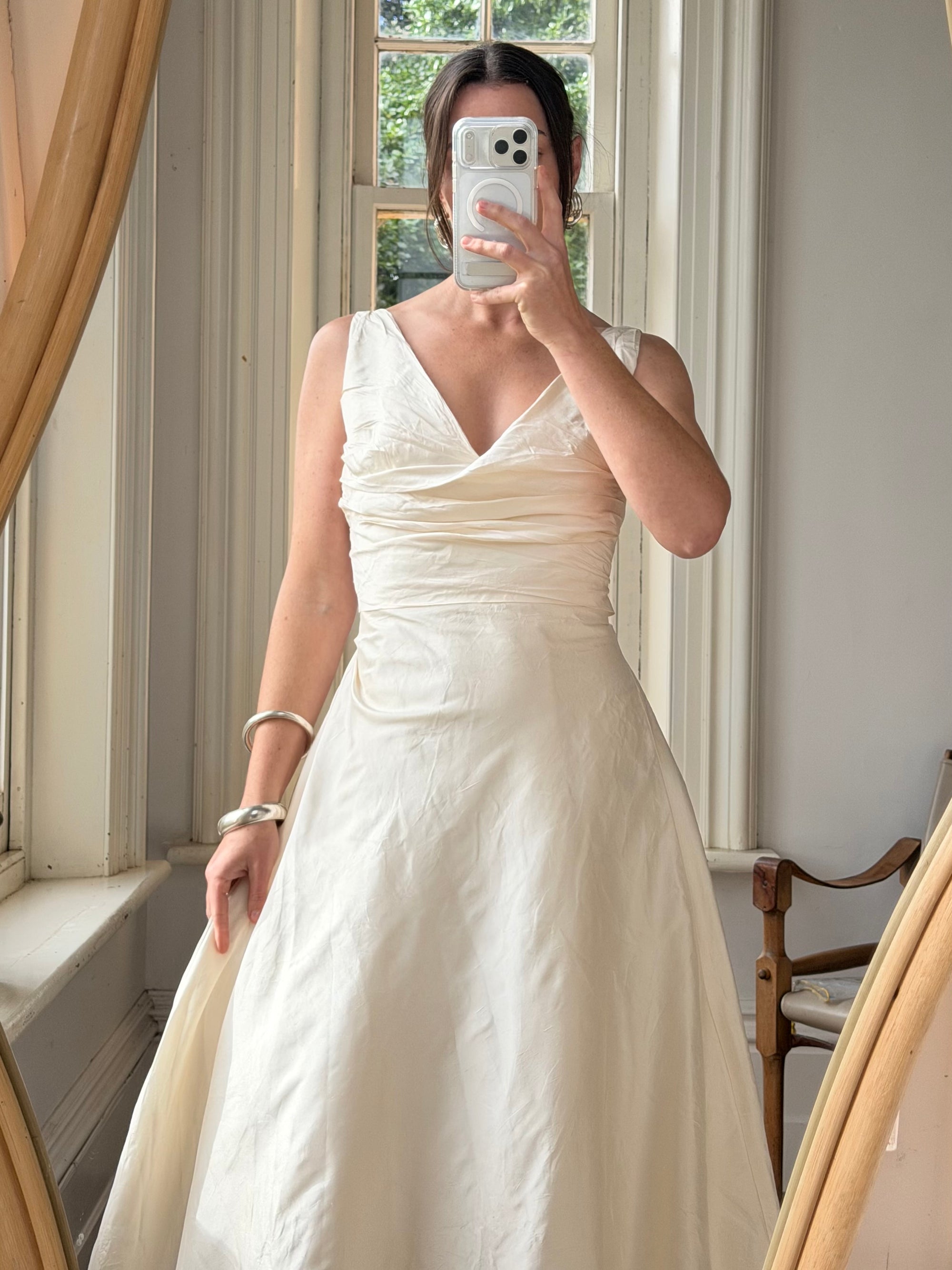 Vintage 90s Ivory Silk V-Neck A-Line Wedding Gown