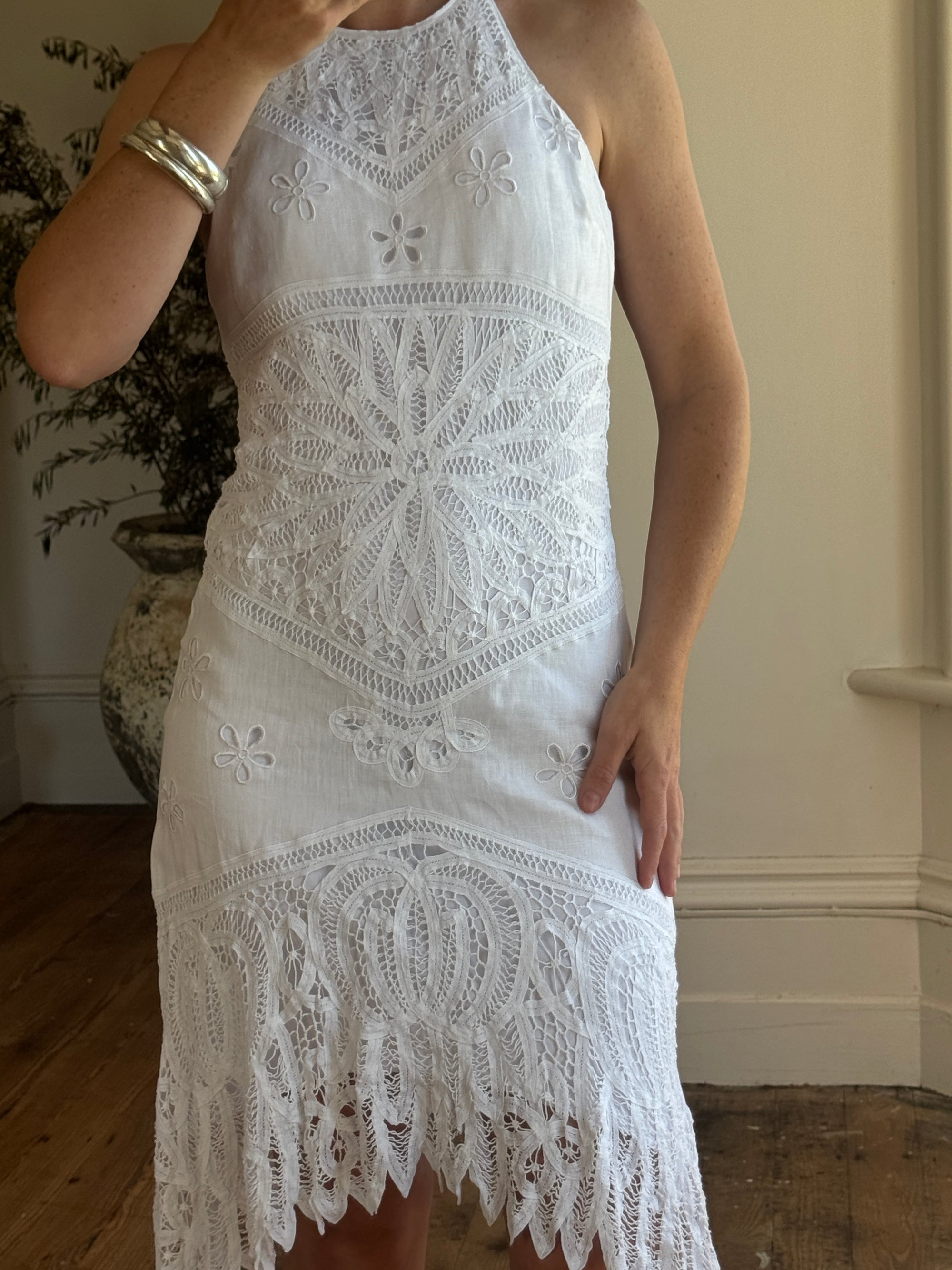 Vintage 90s Crochet Linen Handkerchief Halter Dress