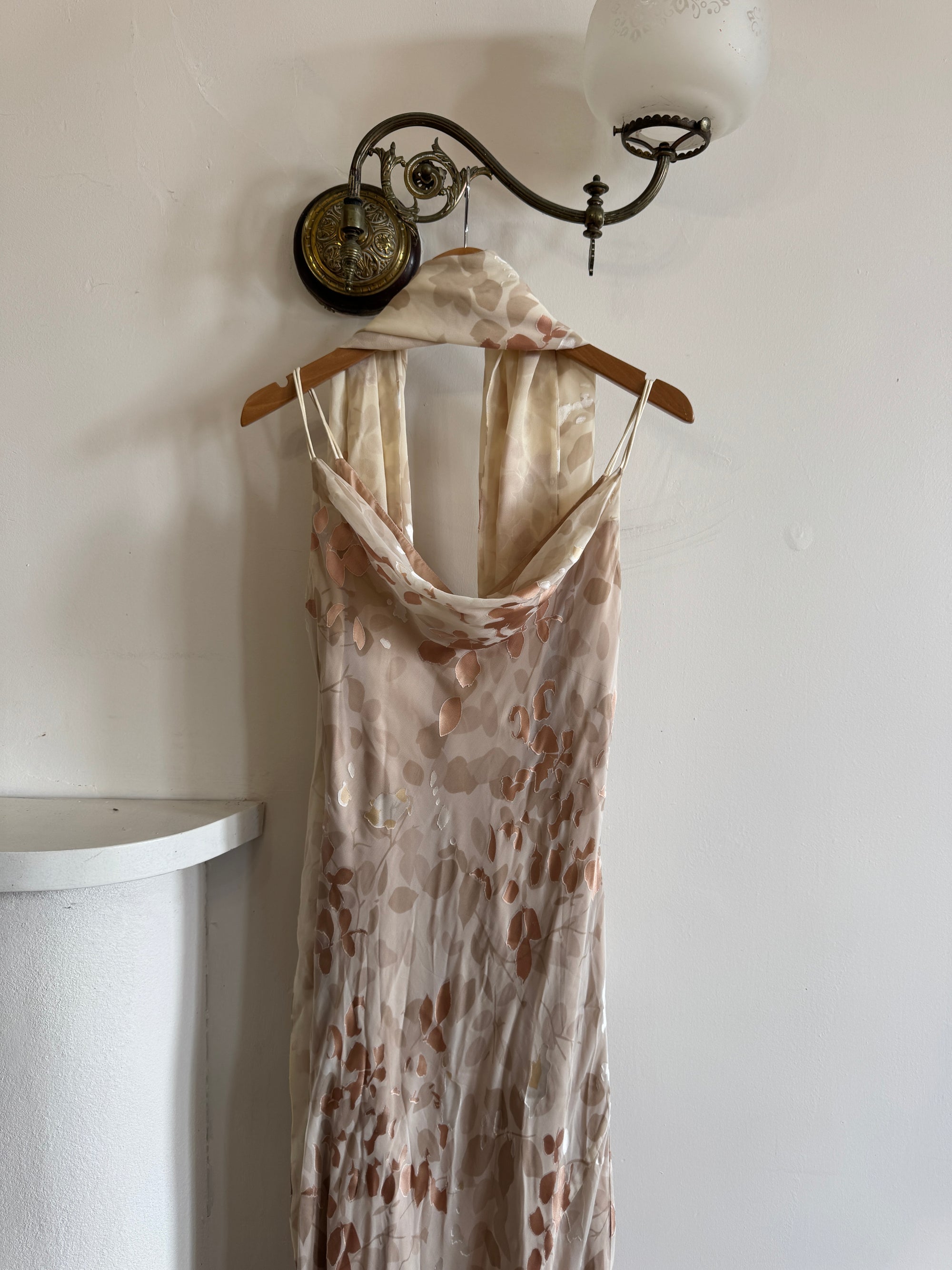 Vintage 90s Bias Cut Cowl Neck Nude Burnt Velvet with Scarf