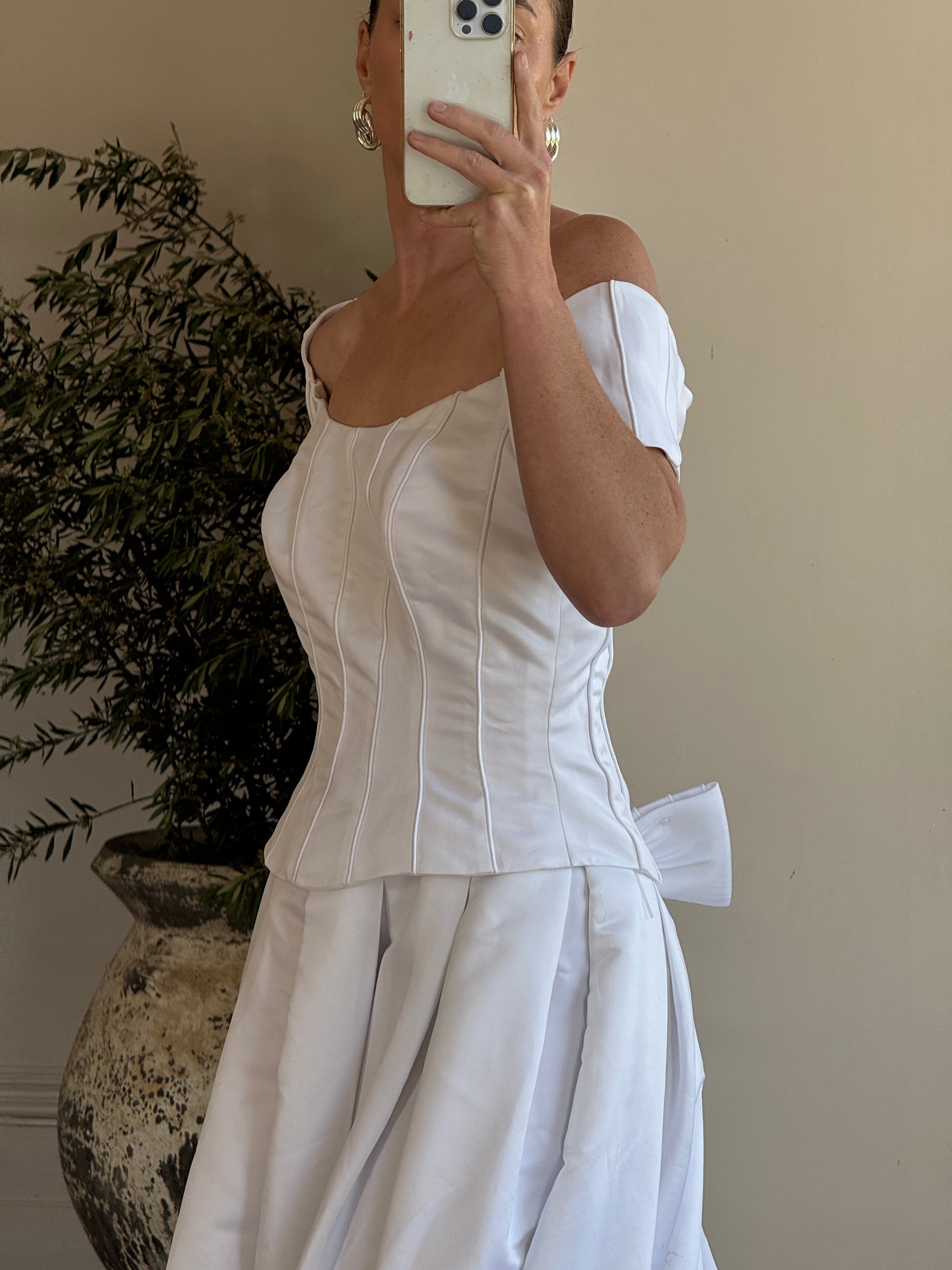 Vintage 90s Off Shoulder Box Pleat Wedding Gown