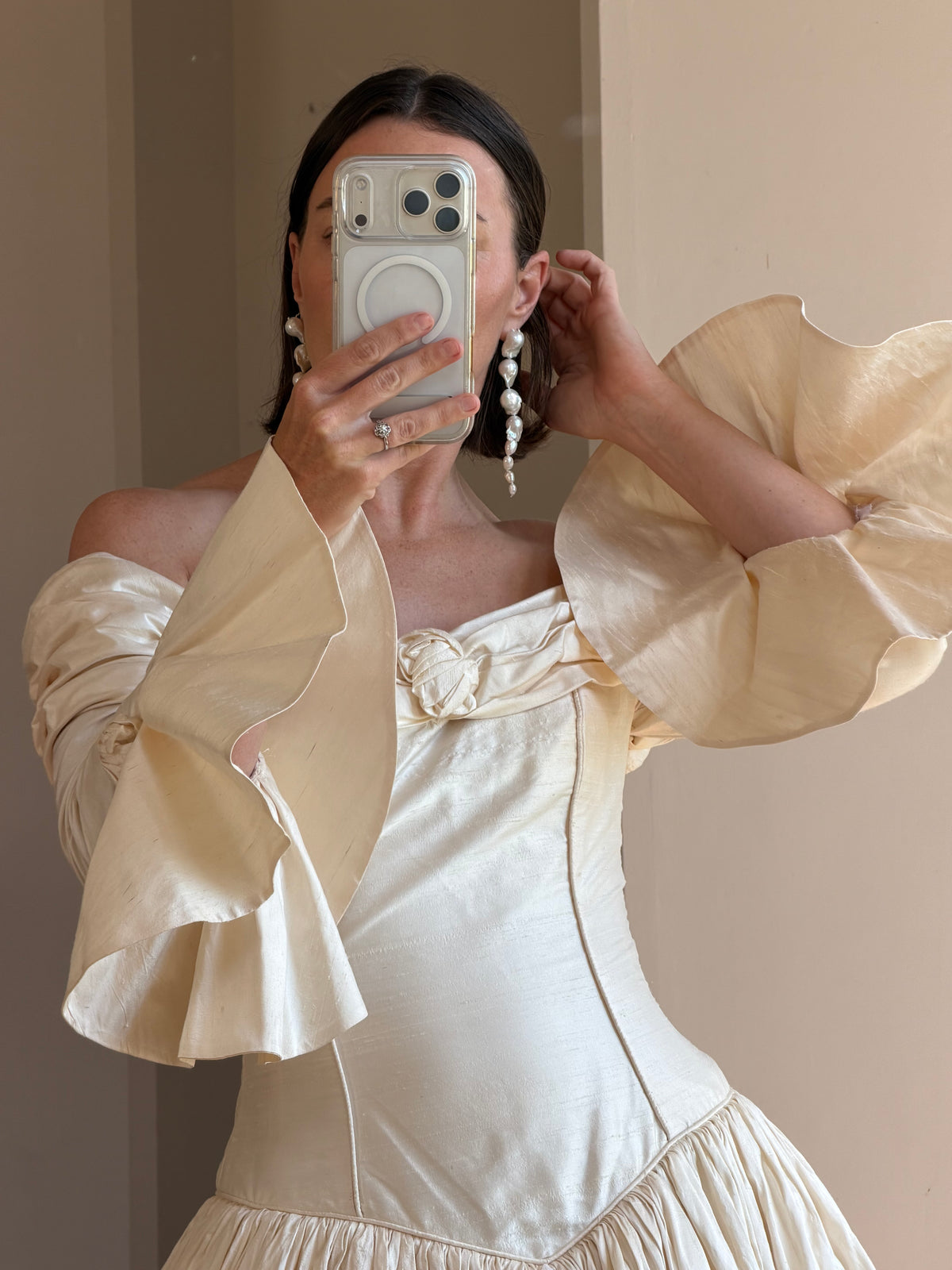 Vintage 90s Silk Dupion Off Shoulder Rosette Bridal Ballgown