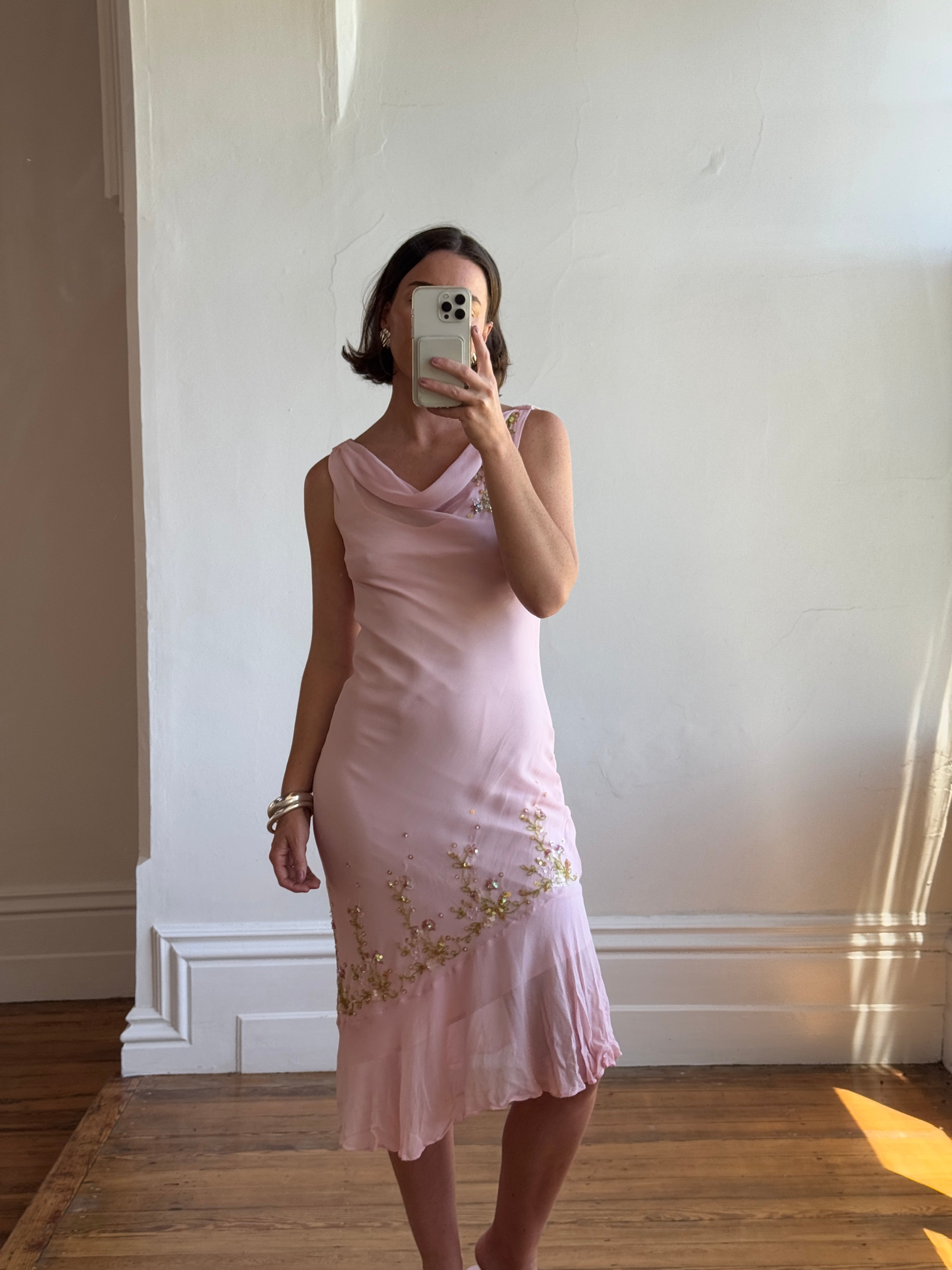 Vintage 90s Pure Silk Beaded Dress Baby Pink