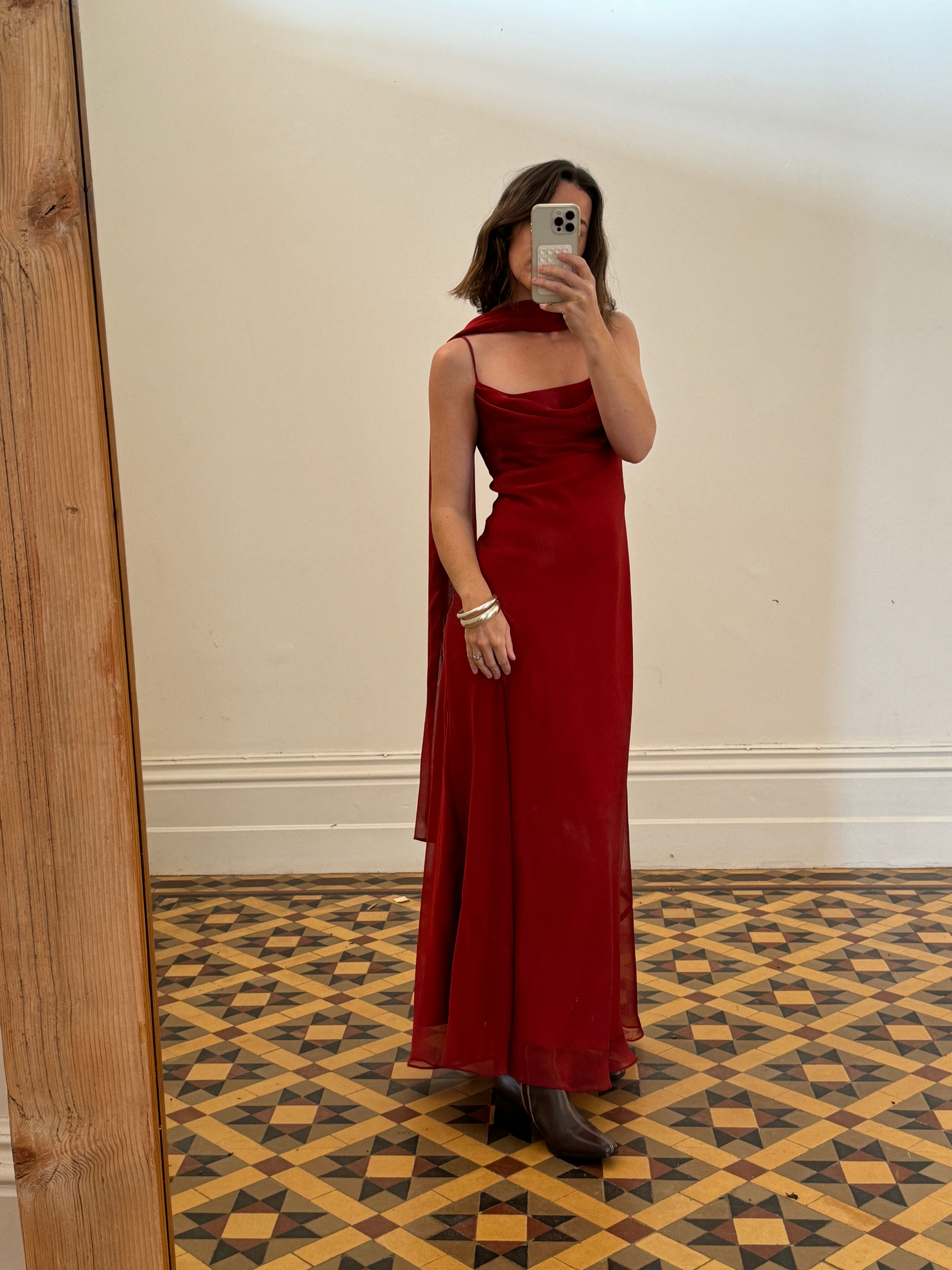 Vintage 90s Red Slip Dress with Skinny Scarf