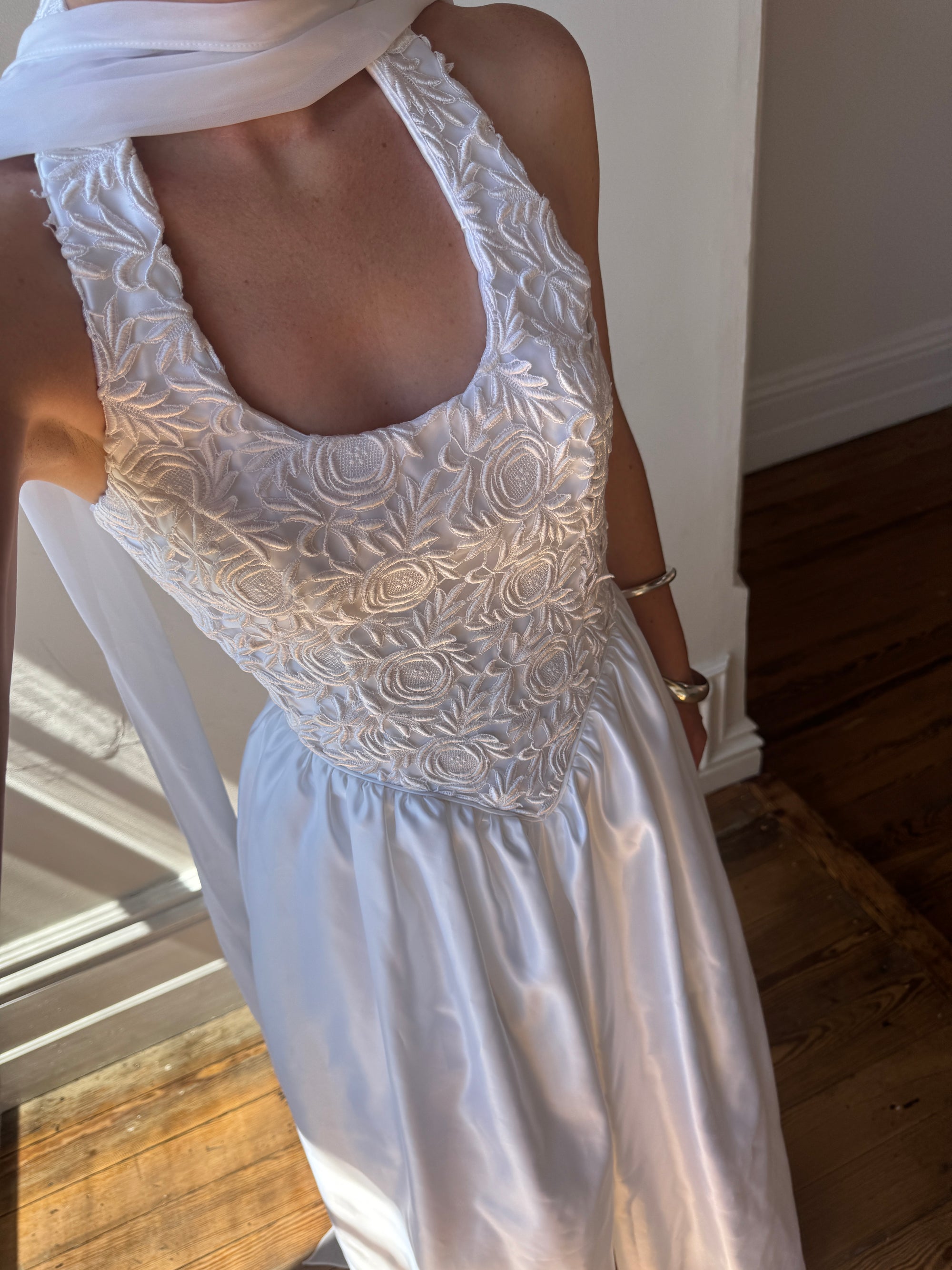 Vintage 90s Australian Made Lace Halter Satin Wedding Dress