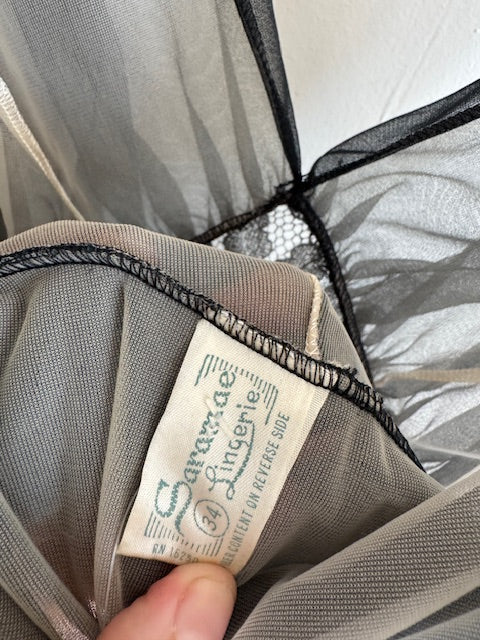 Vintage 60s Noir and Nude Chiffon V Slip Dress