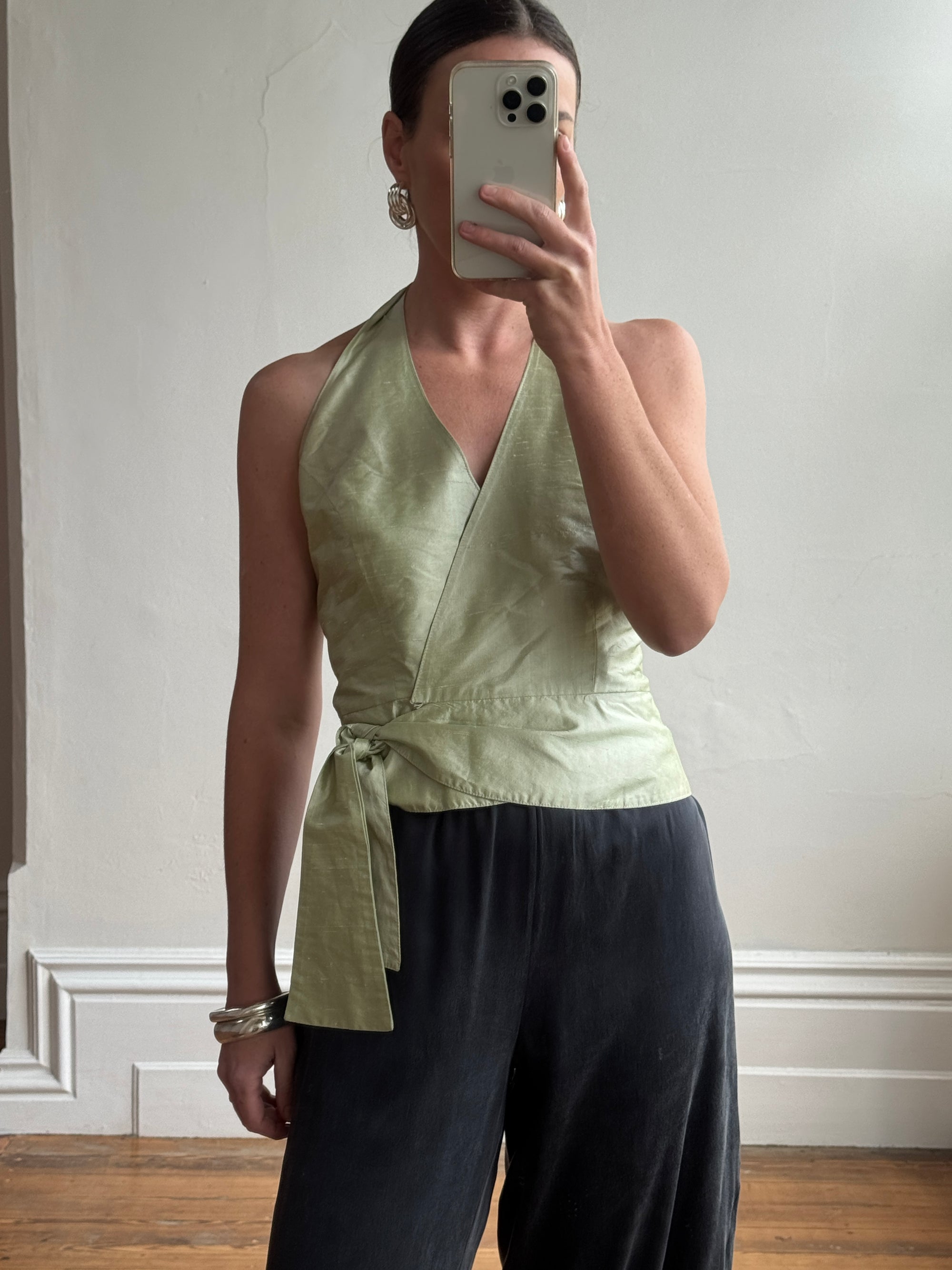 Vintage 90s Pure Silk Sleeveless Wrap Top Apple