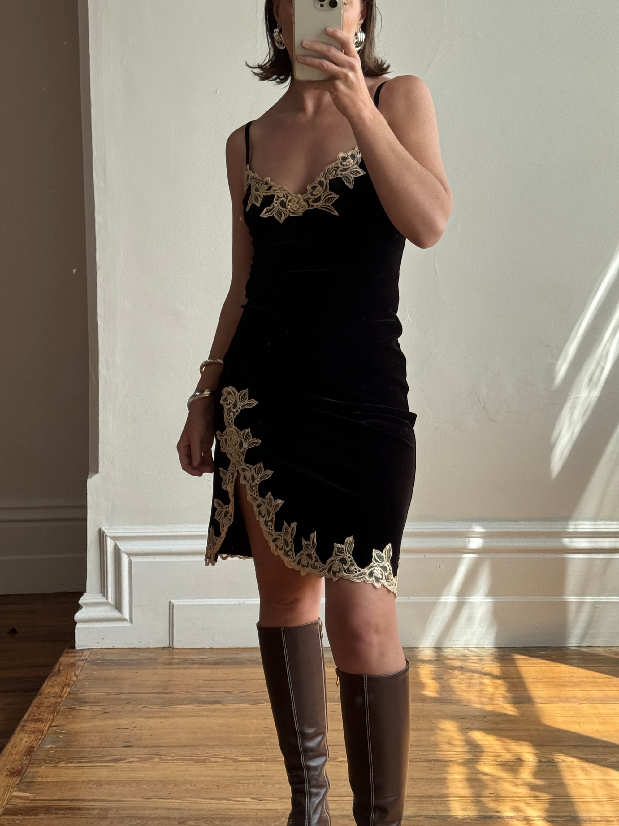 Vintage 90s Australian Made Velvet Lace Side Split Dress Creme Noir