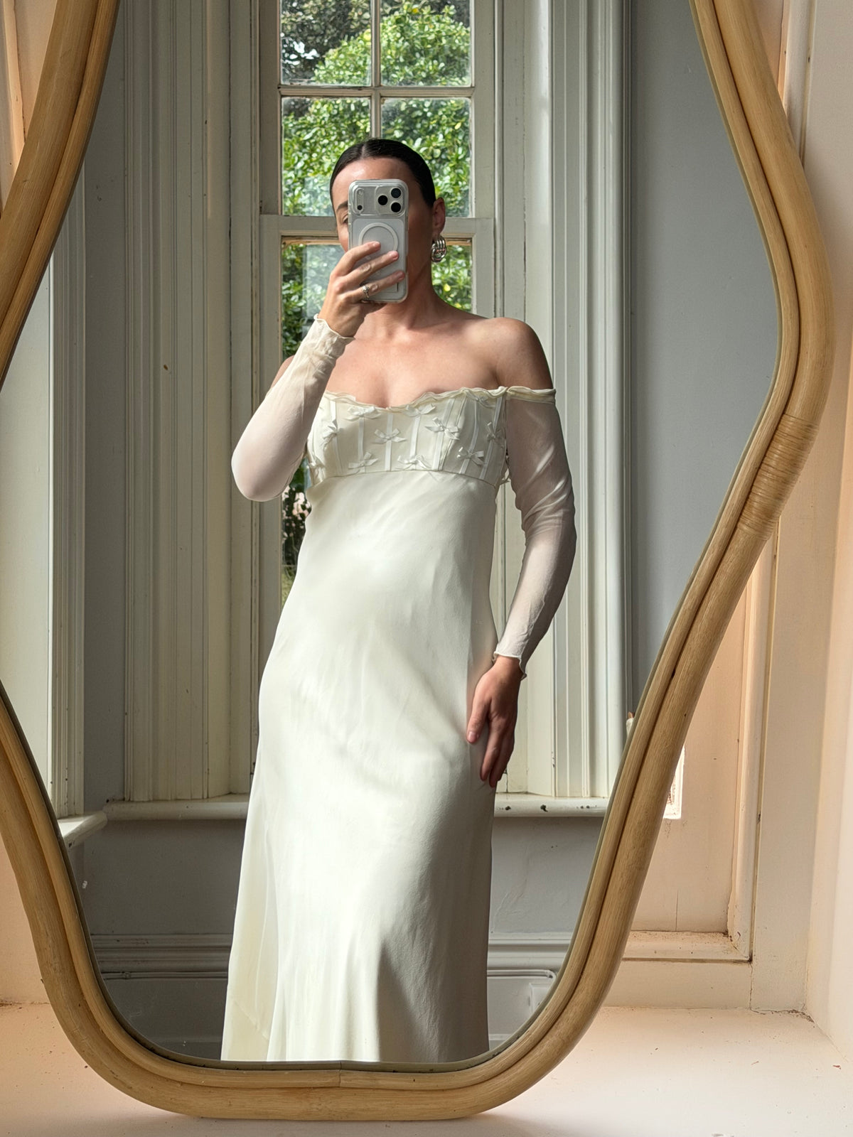 Vintage 90s Pure Silk Chiffon Empire Bow Off Shoulder Wedding Dress