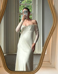 Vintage 90s Pure Silk Chiffon Empire Bow Off Shoulder Wedding Dress