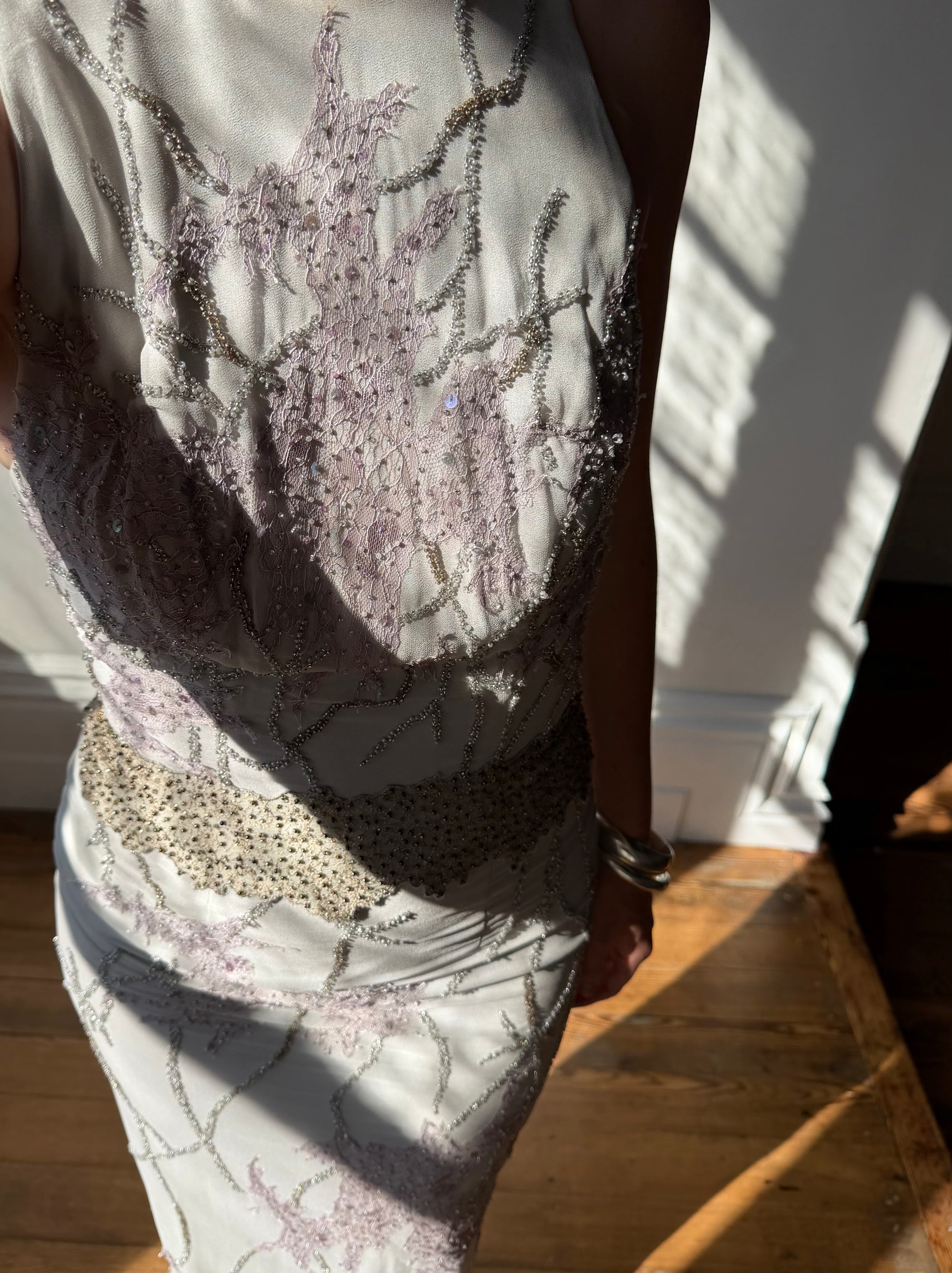 Vintage 90s Pure Silk High Front Embellished Lavender Gown