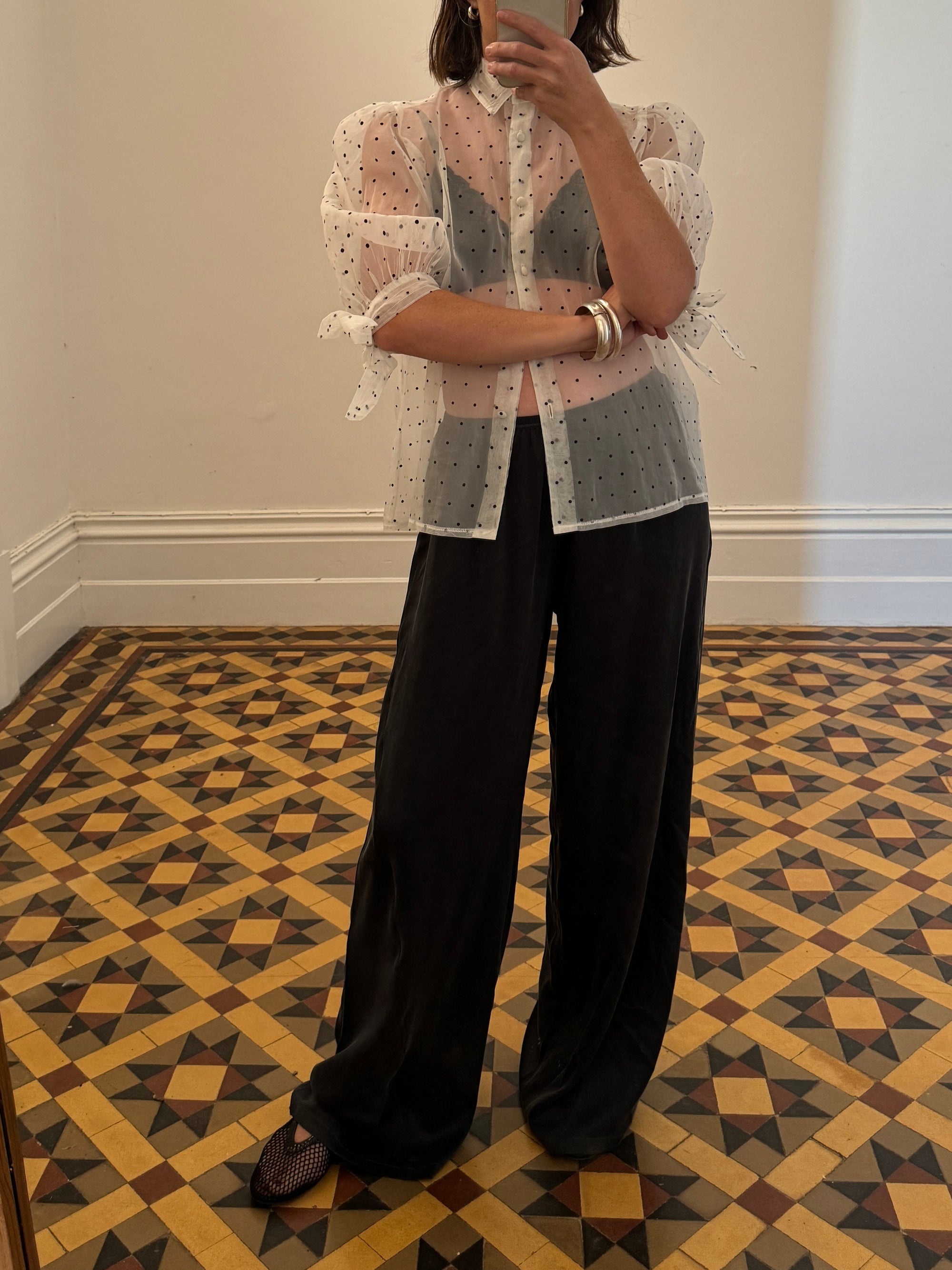 Vintage Polka Dot Organza Button Up Blouse