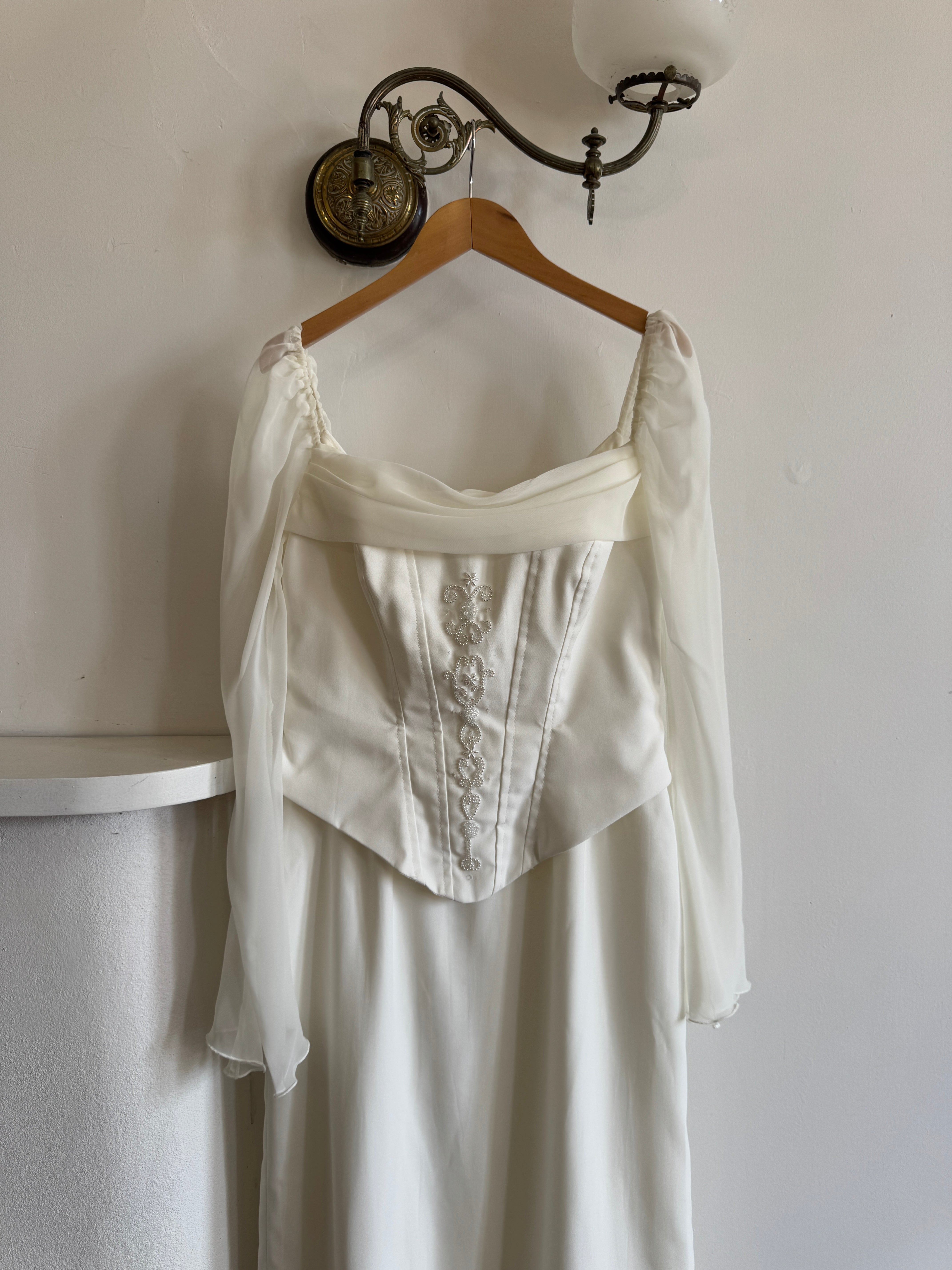 Vintage 80s Chiffon Sleeve Wedding Dress With Corset