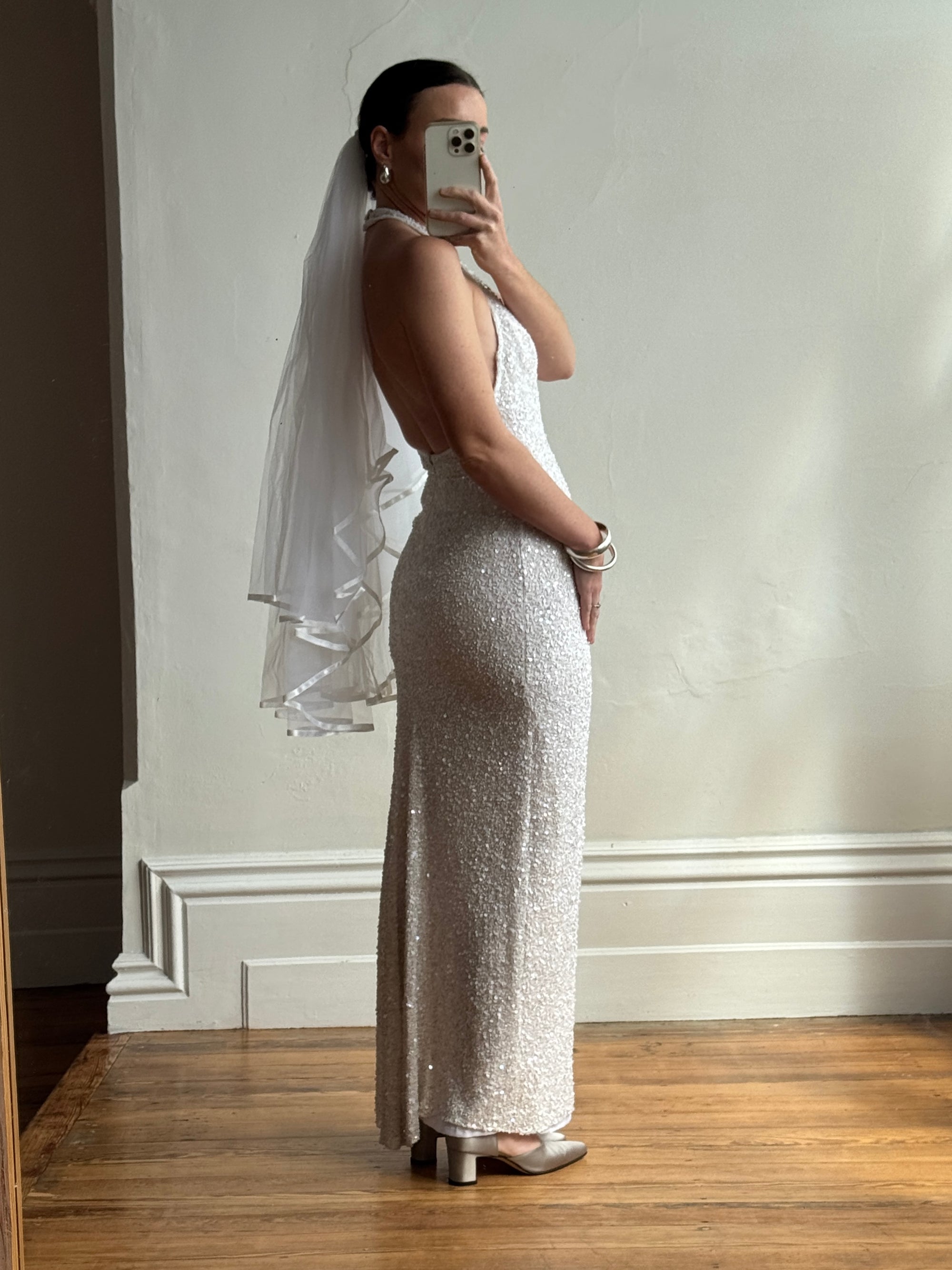 Vintage 90s Sequin Embellished Halter Bodycon Midi Dress White