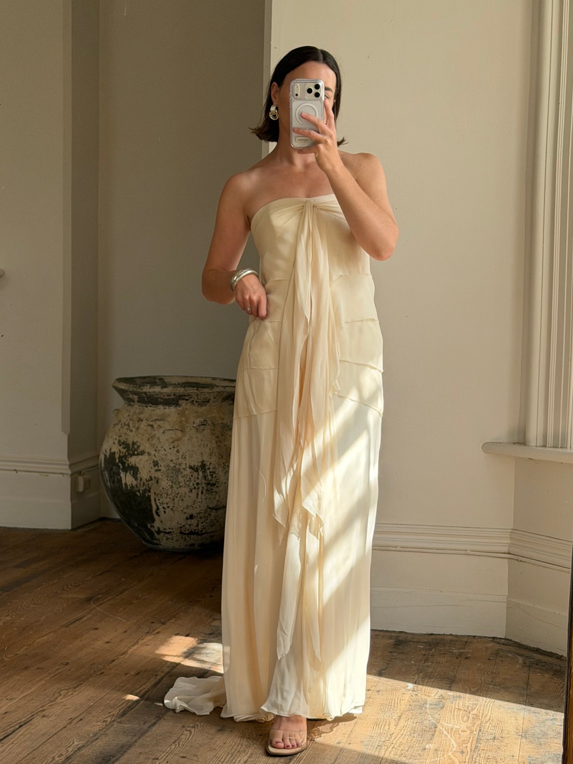 Vintage 90s Pure Silk Waterfall Strapless Bridal Gown