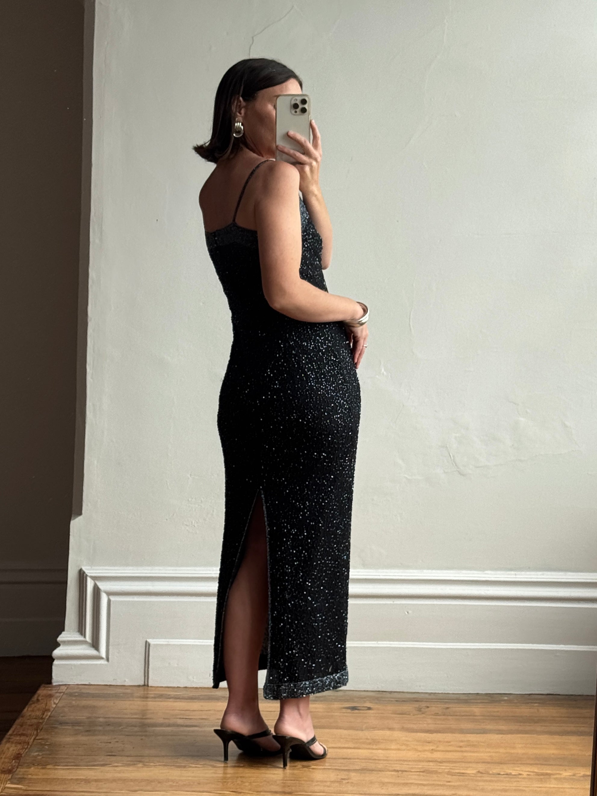 Vintage 90s Pure Silk Sparkle Dress Noir