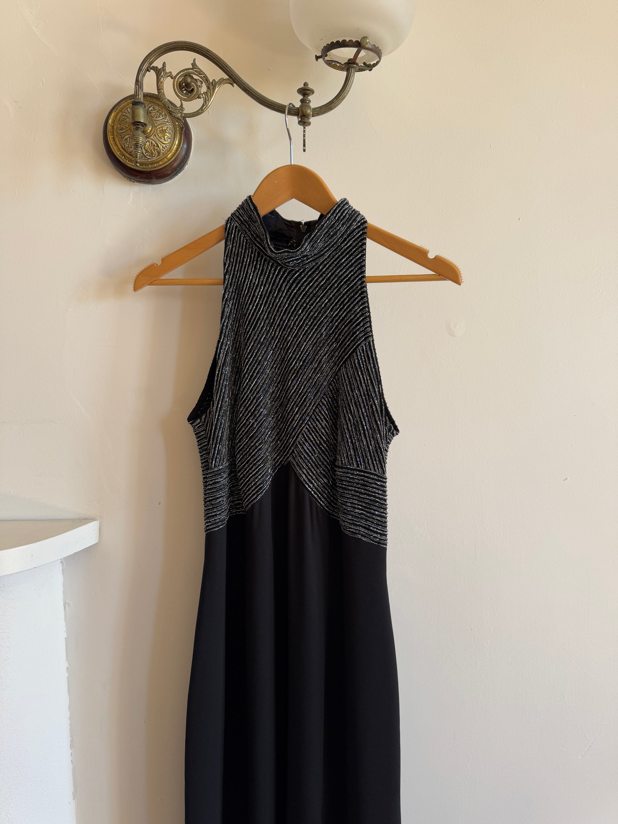 Vintage 70s High Neck Silver Lurex Evening Gown Noir