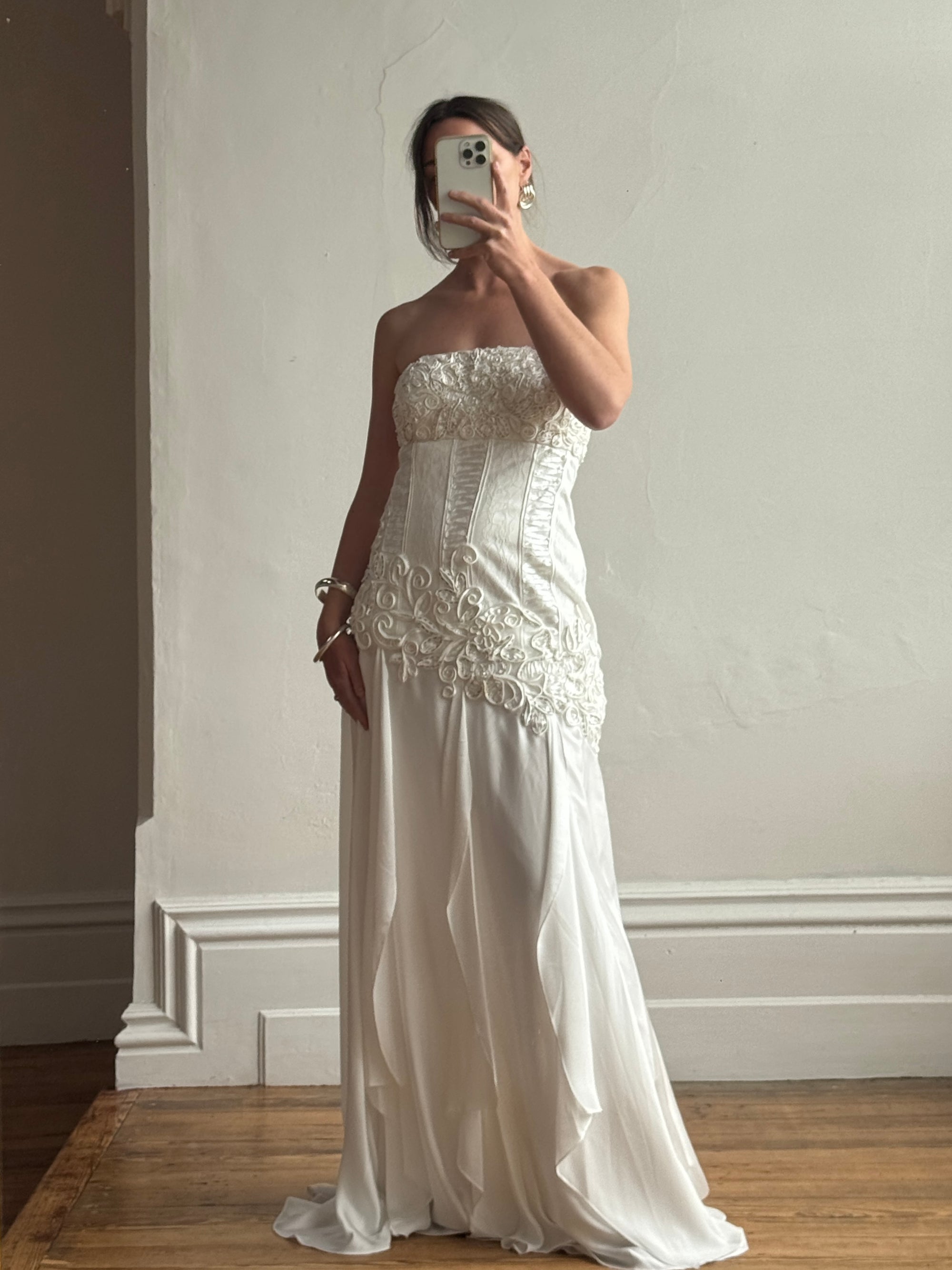 Vintage 90s Embroidered Strapless Fairy Wedding Gown