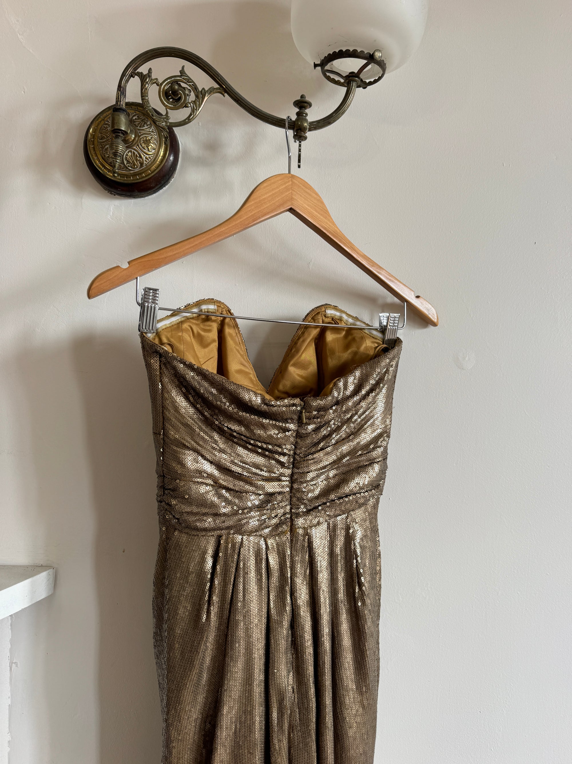 Vintage Y2K Plunging Golden Sequin Prom Dress