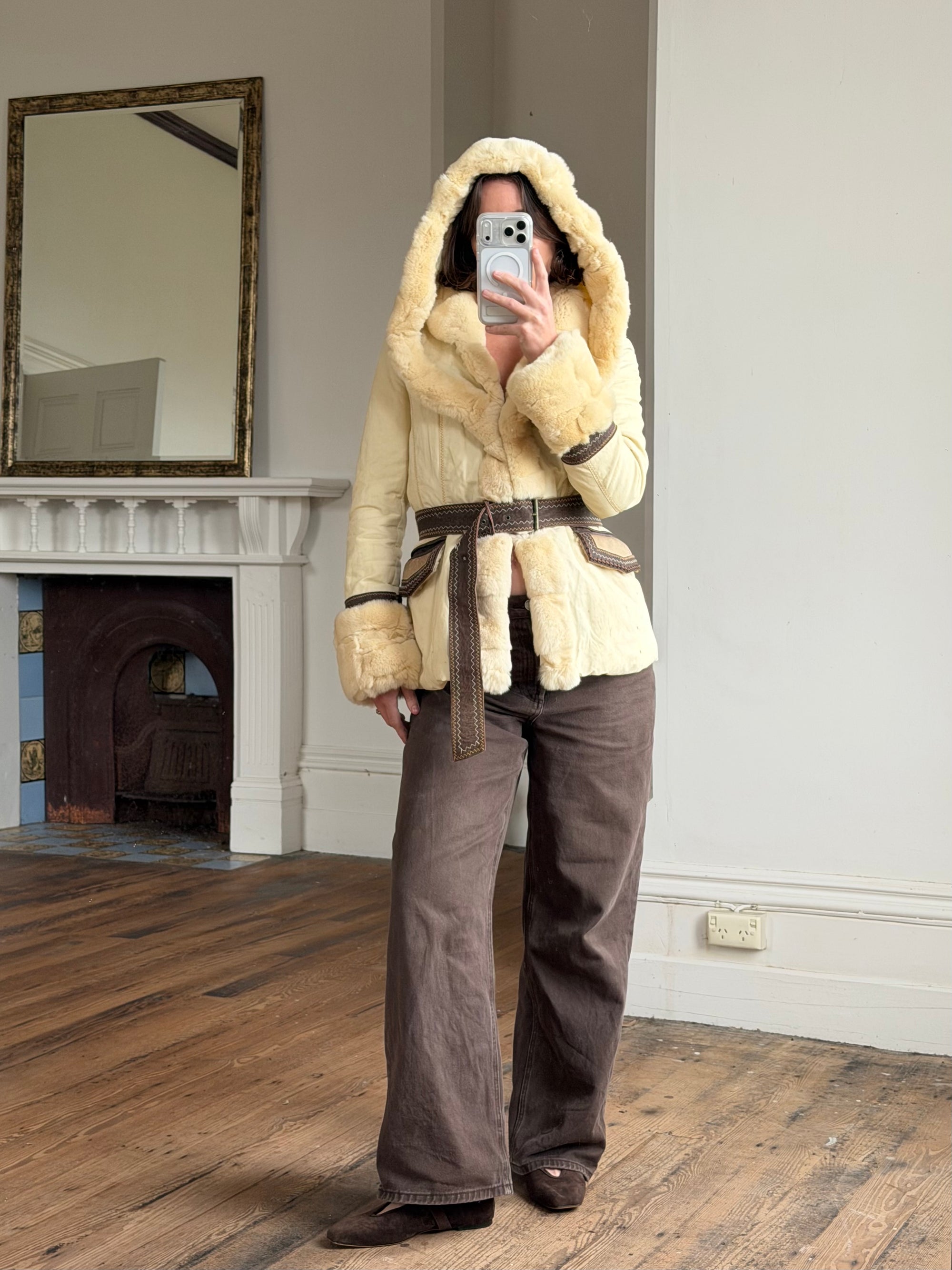 Vintage Y2K Italian Leather and Fur Belted Jacket with Hood