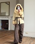 Vintage Y2K Italian Leather and Fur Belted Jacket with Hood