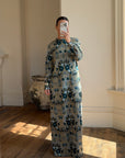 Vintage 70s Paisley Tapestry Long Sleeved Maxi Dress Blue