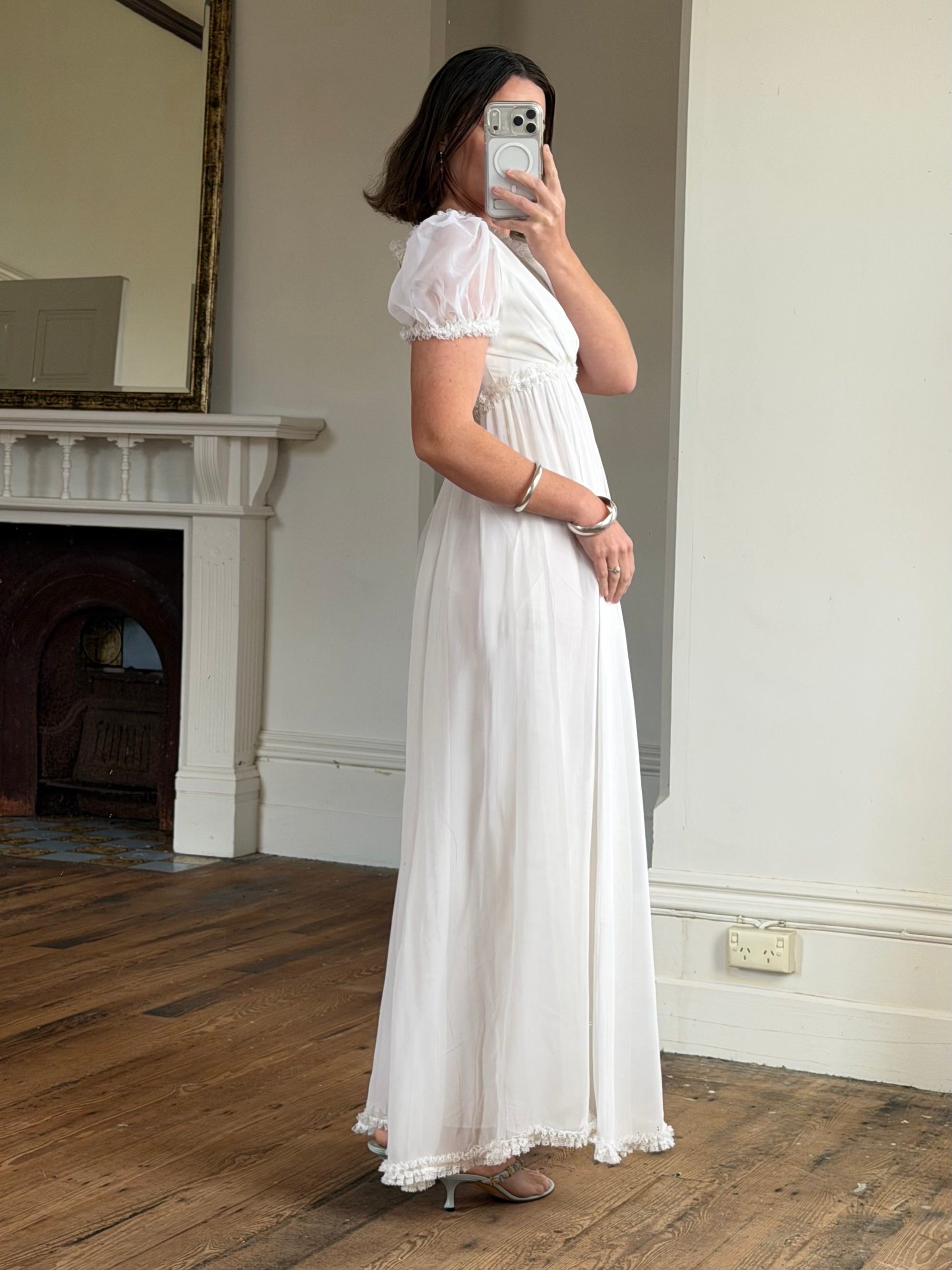 Vintage 70s White Chiffon Smocked Puff Sleeve Wedding Dress