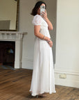 Vintage 70s White Chiffon Smocked Puff Sleeve Wedding Dress