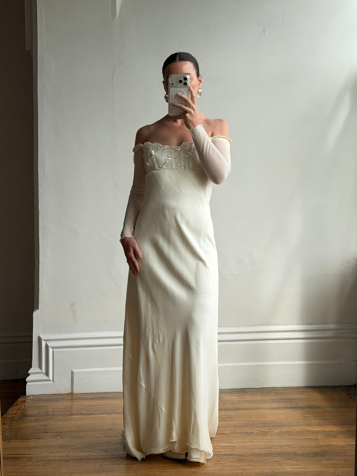 Vintage 90s Pure Silk Chiffon Empire Bow Off Shoulder Wedding Dress