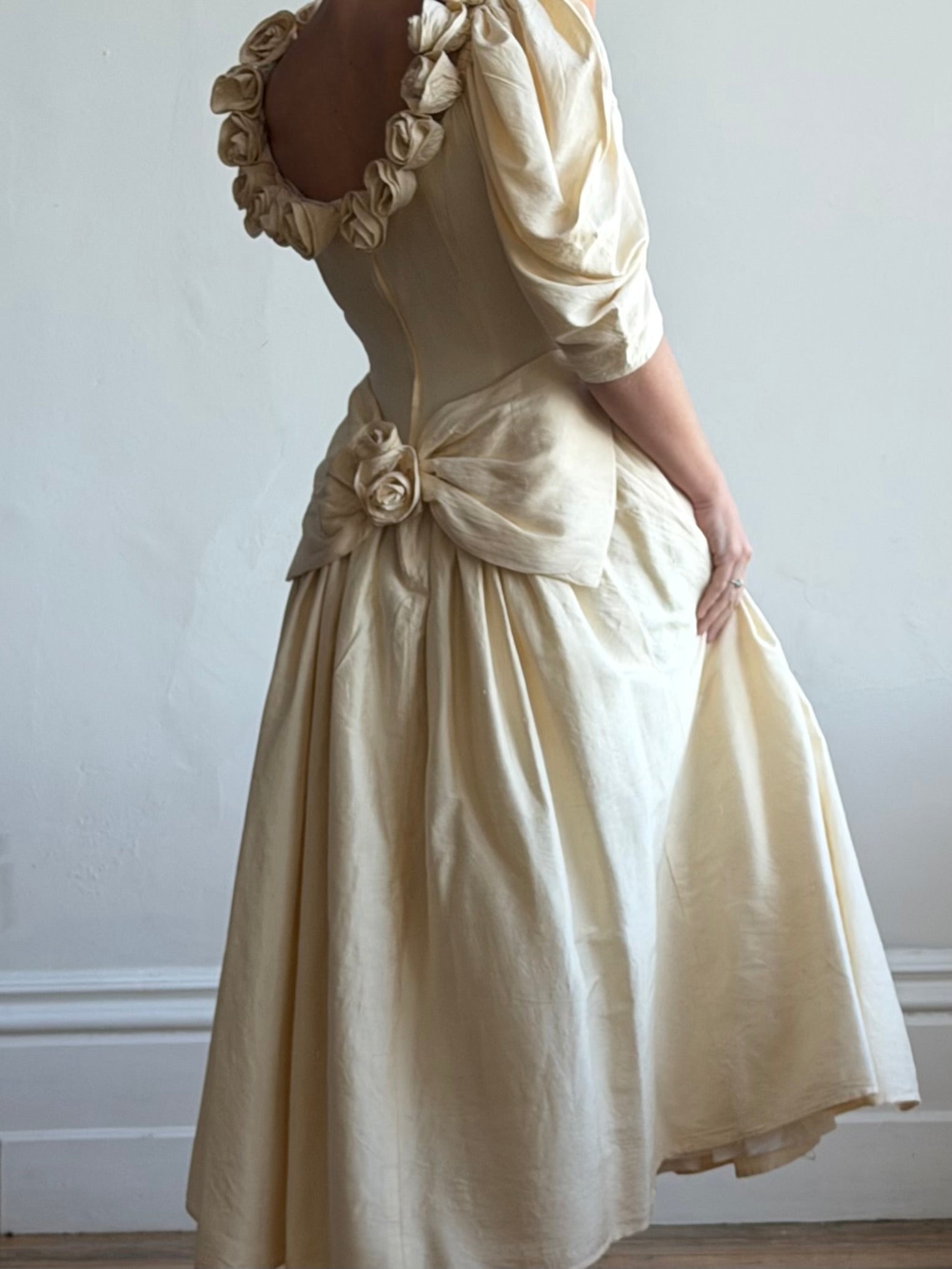 Vintage 90s Silk Dupion Rosette Bridal Midi Gown