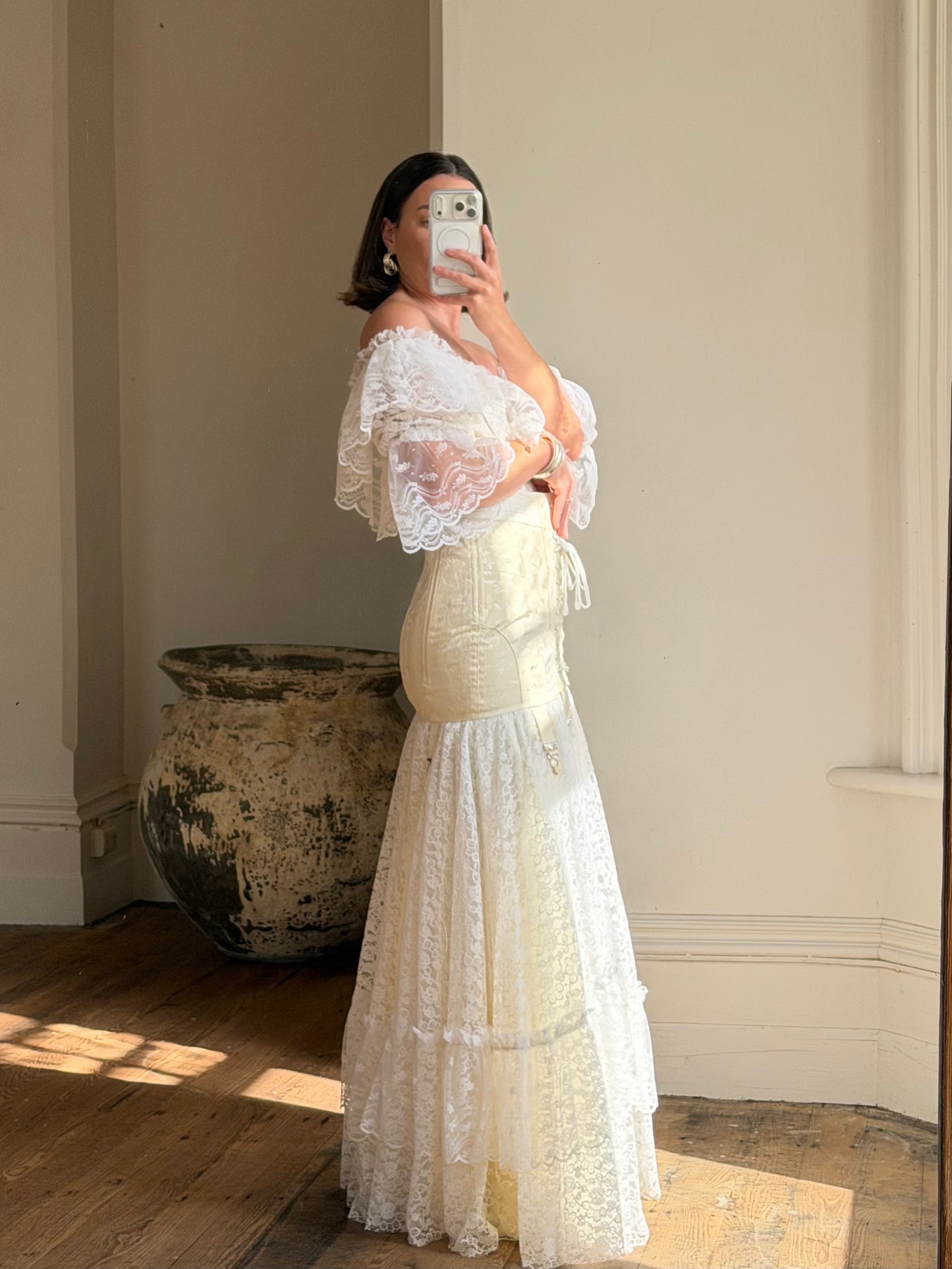 Vintage 50s Bridal Jacquard Underbust Corset Creme